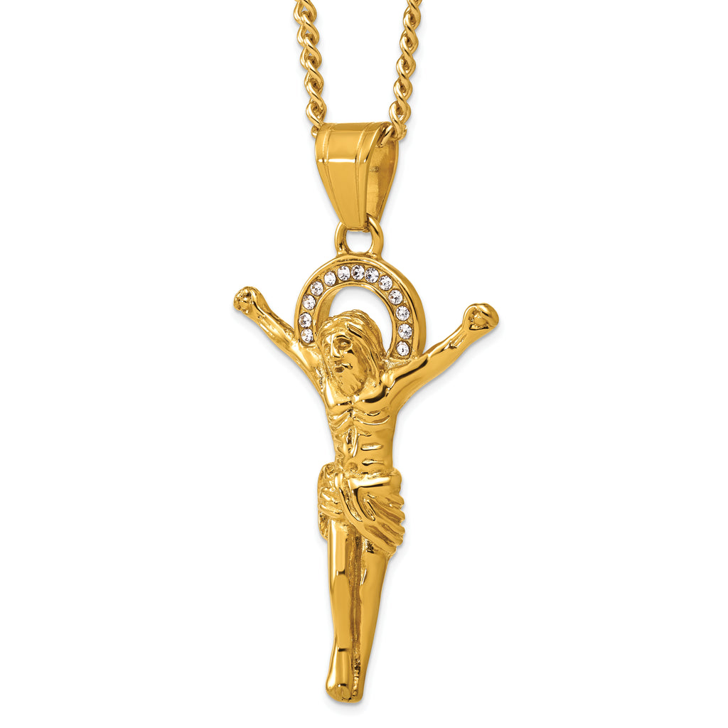 Gold-Tone Polished Crystal Crucifix Stainless Steel Necklace 3mm