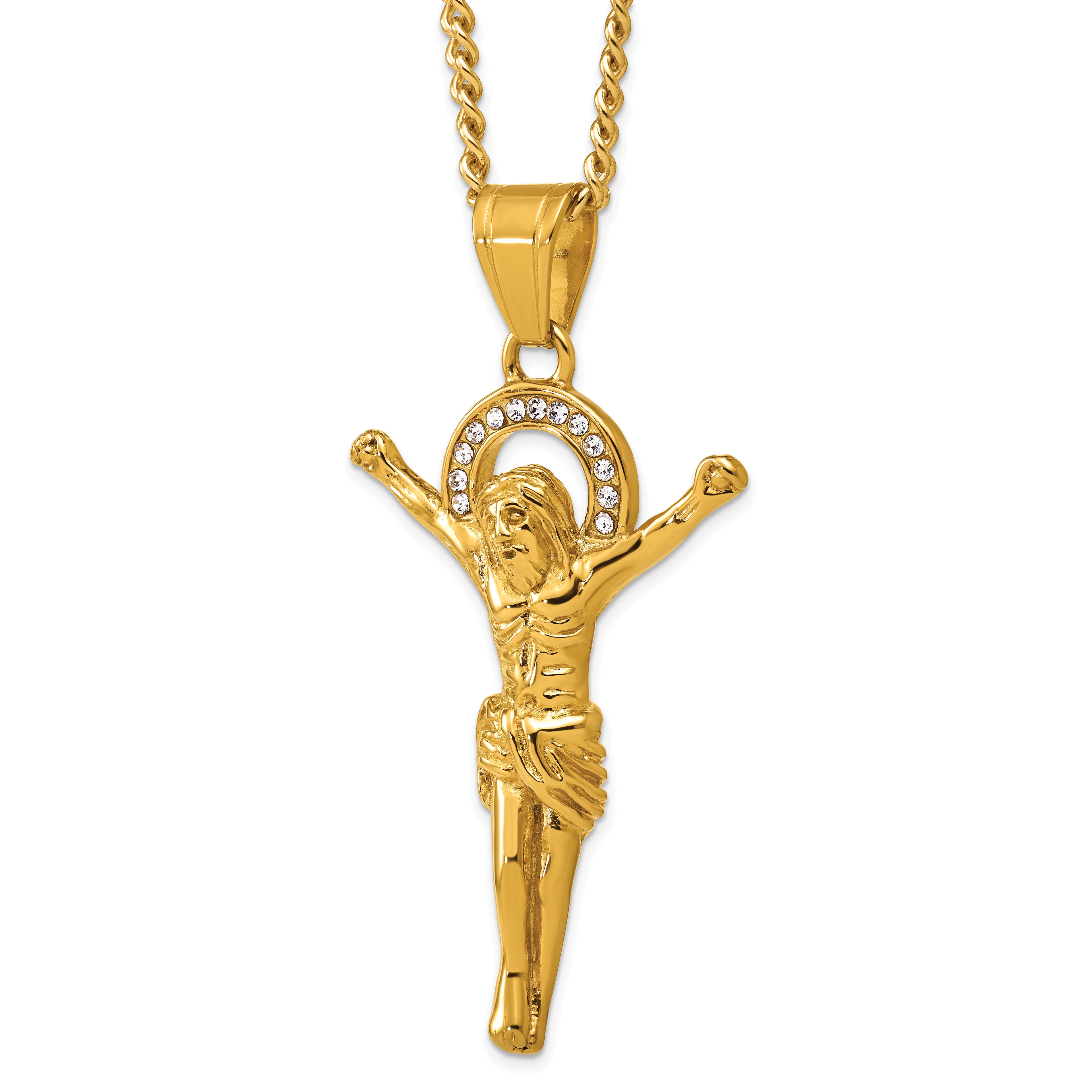 Gold-Tone Polished Crystal Crucifix Stainless Steel Necklace 3mm