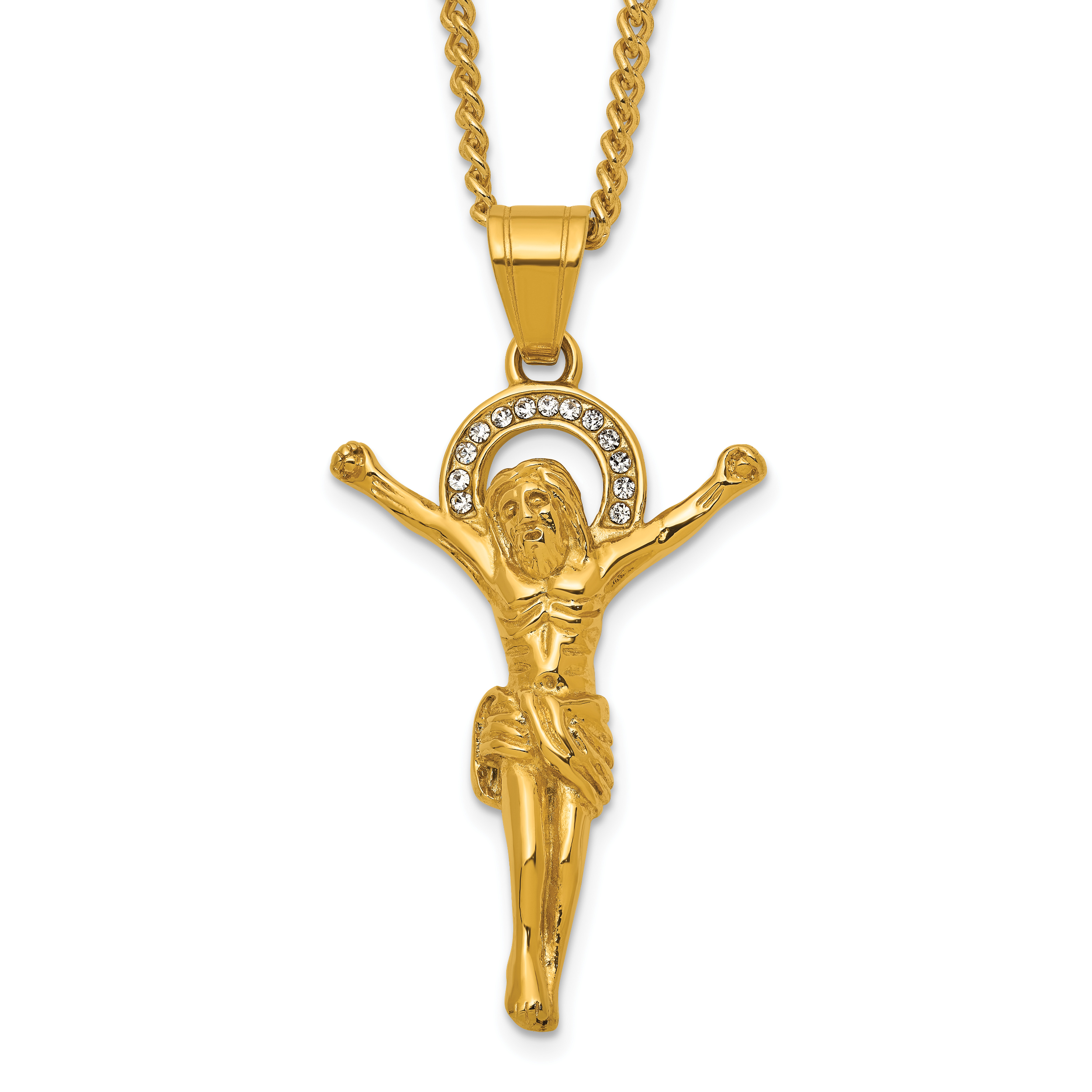 Gold-Tone Polished Crystal Crucifix Stainless Steel Necklace 3mm Main image