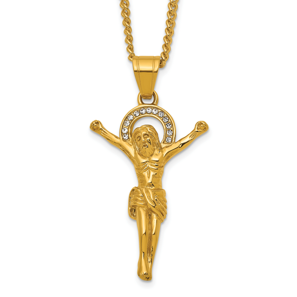 Gold-Tone Polished Crystal Crucifix Stainless Steel Necklace 3mm