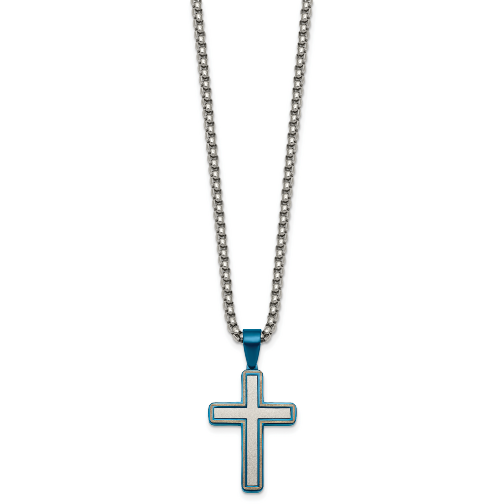 Blue Ion-Plated Brushed and Polished Cross Stainless Steel Rolo Chain Necklace