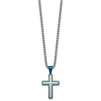 Blue Ion-Plated Brushed and Polished Cross Stainless Steel Rolo Chain Necklace