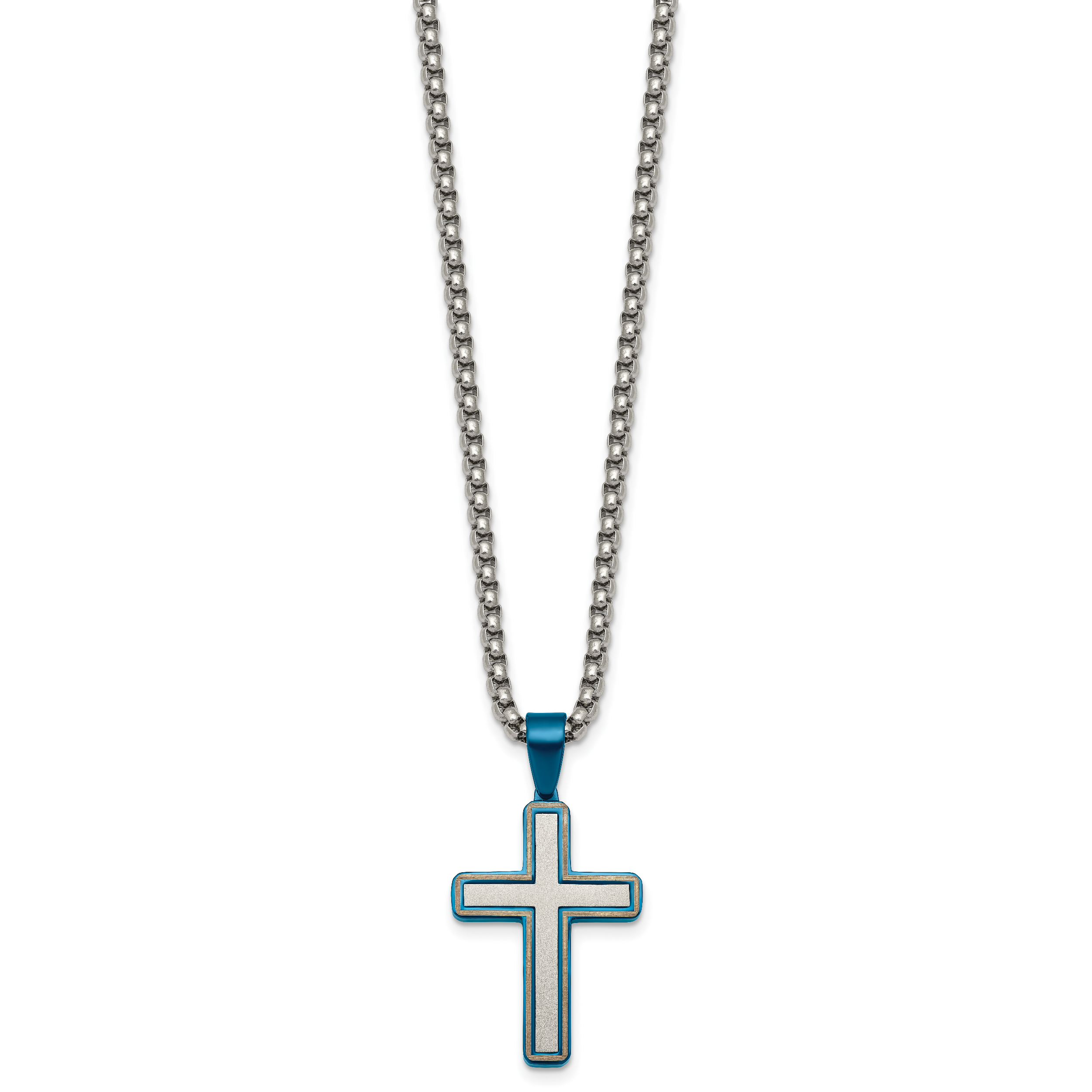 Blue Ion-Plated Brushed and Polished Cross Stainless Steel Rolo Chain Necklace