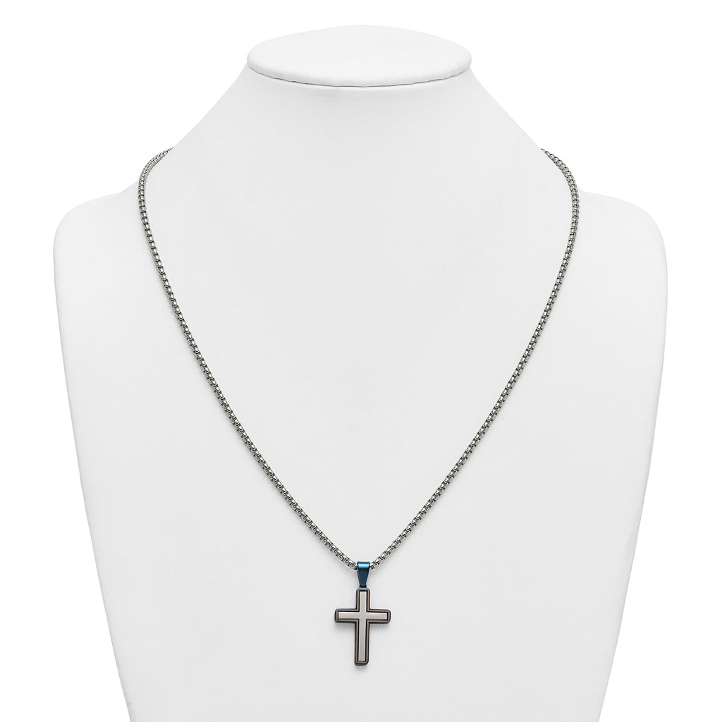Blue Ion-Plated Brushed and Polished Cross Stainless Steel Rolo Chain Necklace
