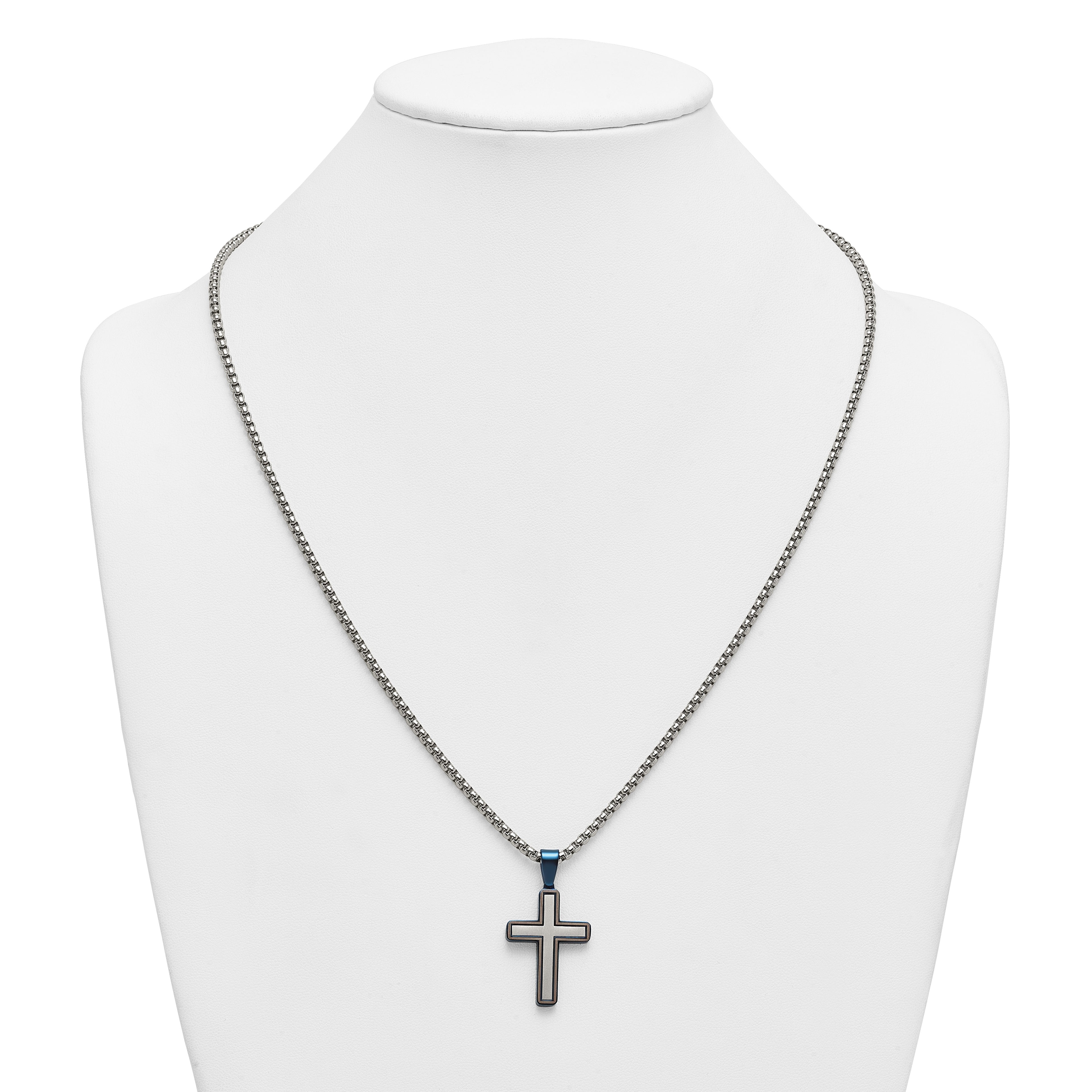 Blue Ion-Plated Brushed and Polished Cross Stainless Steel Rolo Chain Necklace
