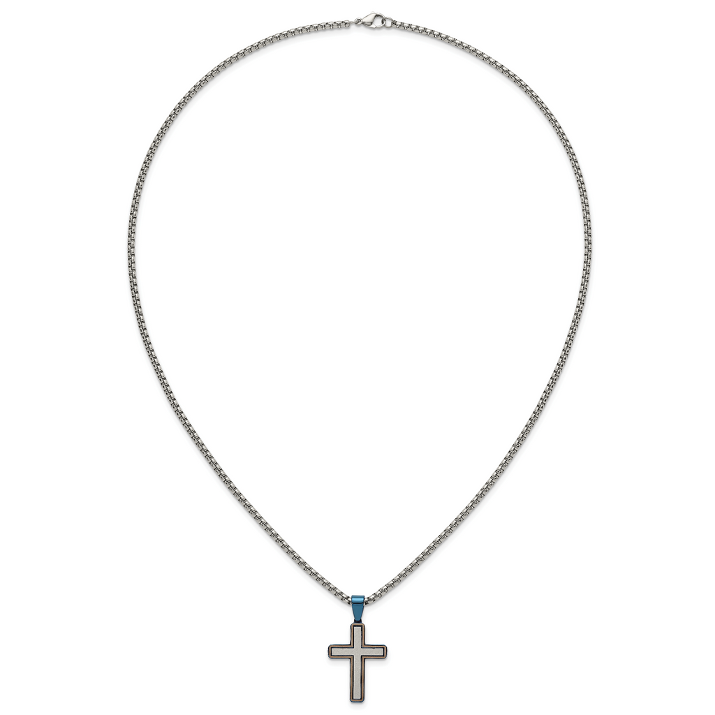 Blue Ion-Plated Brushed and Polished Cross Stainless Steel Rolo Chain Necklace