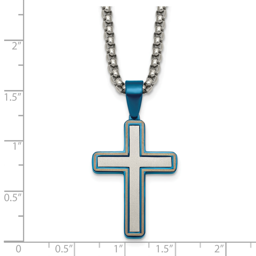 Blue Ion-Plated Brushed and Polished Cross Stainless Steel Rolo Chain Necklace