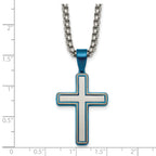 Blue Ion-Plated Brushed and Polished Cross Stainless Steel Rolo Chain Necklace