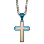 Blue Ion-Plated Brushed and Polished Cross Stainless Steel Rolo Chain Necklace