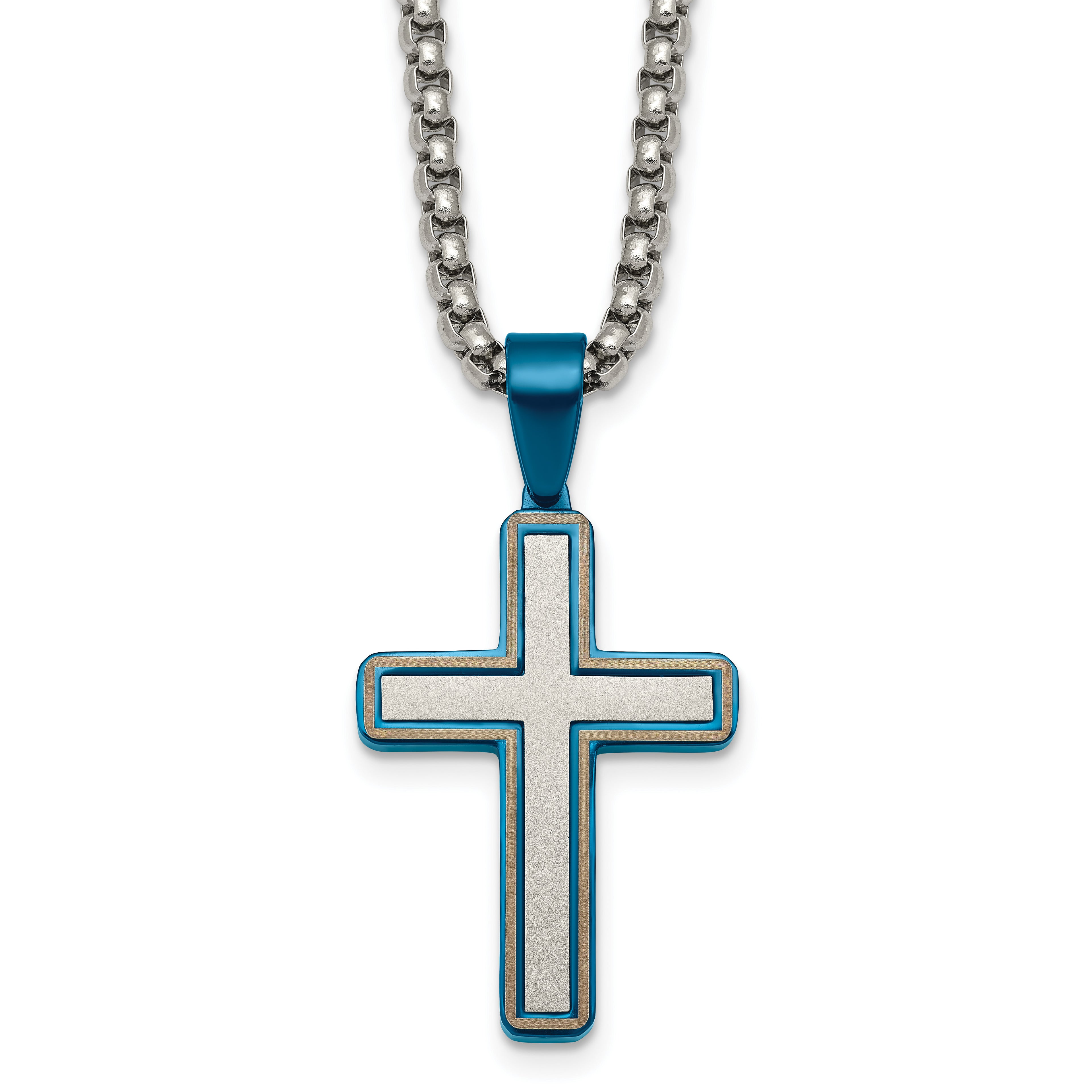Blue Ion-Plated Brushed and Polished Cross Stainless Steel Rolo Chain Necklace