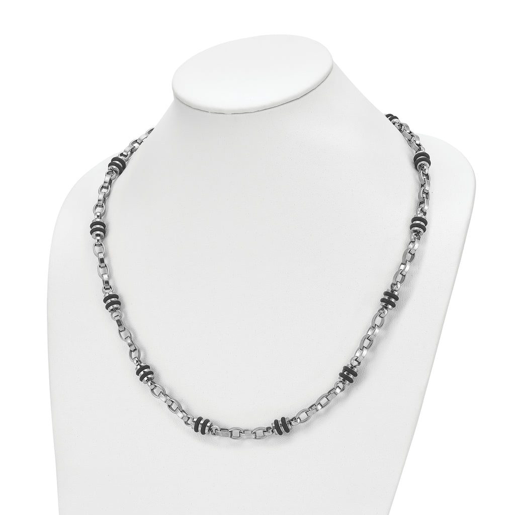 Chisel Stainless Steel Polished with Black Rubber Barrel Link 22 inch Necklace