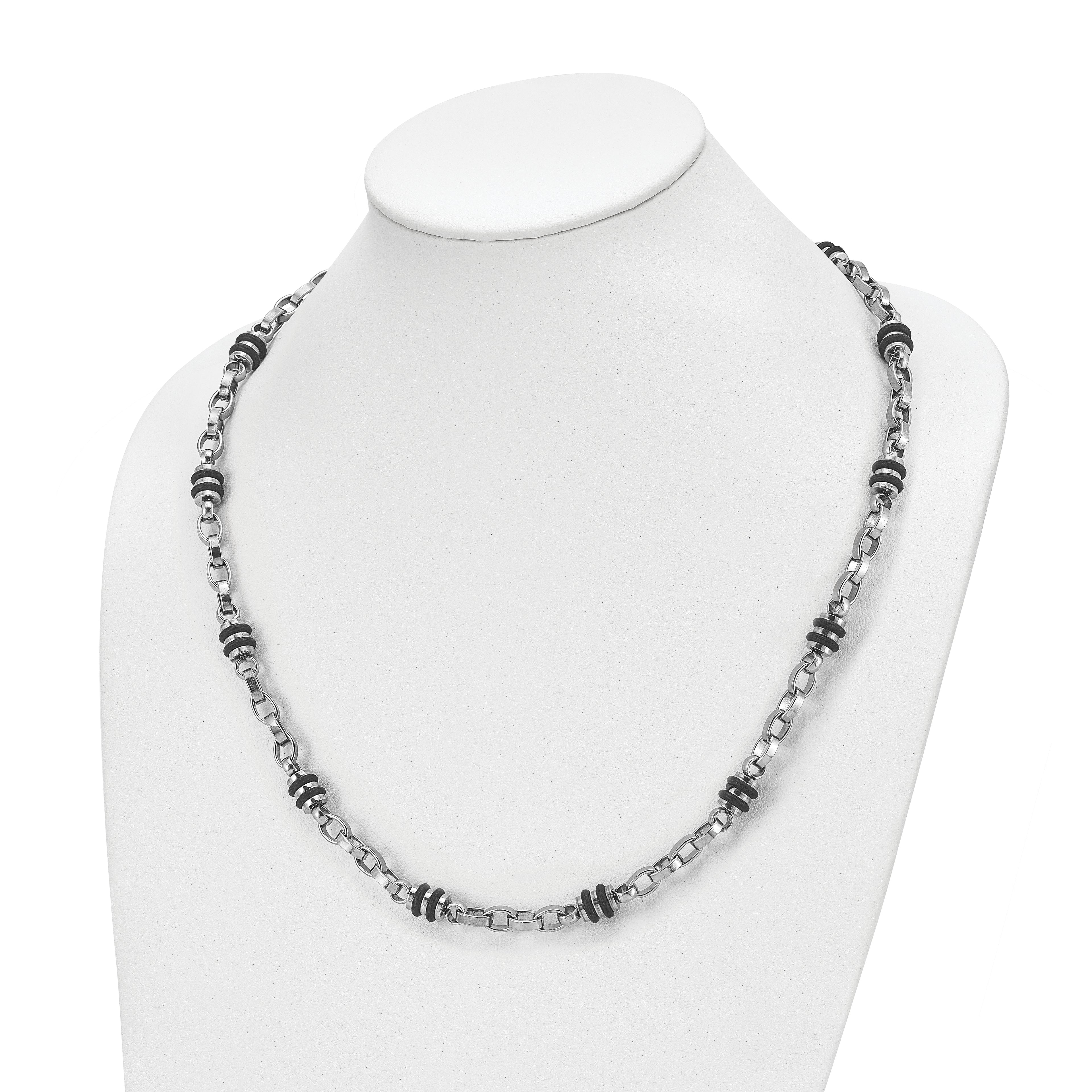 Chisel Stainless Steel Polished with Black Rubber Barrel Link 22 inch Necklace