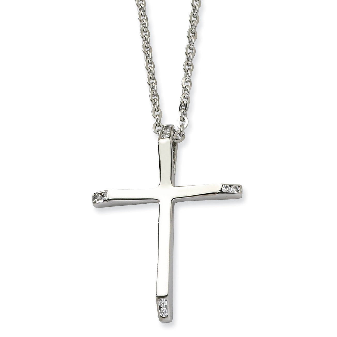 Stainless Steel CZ Cross Pendant 22in Necklace
