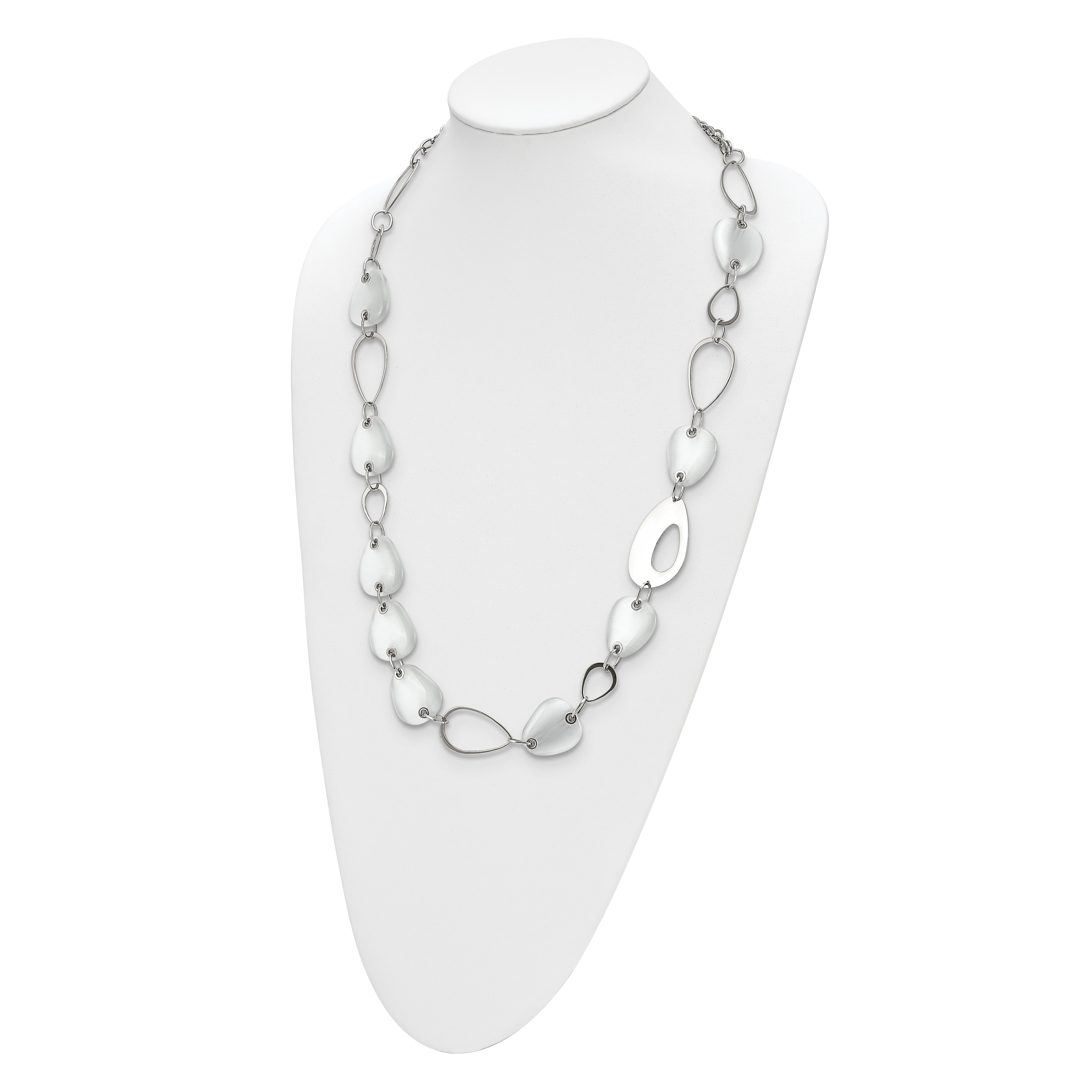 Stainless Steel Polished White Cat's Eye 26in Necklace