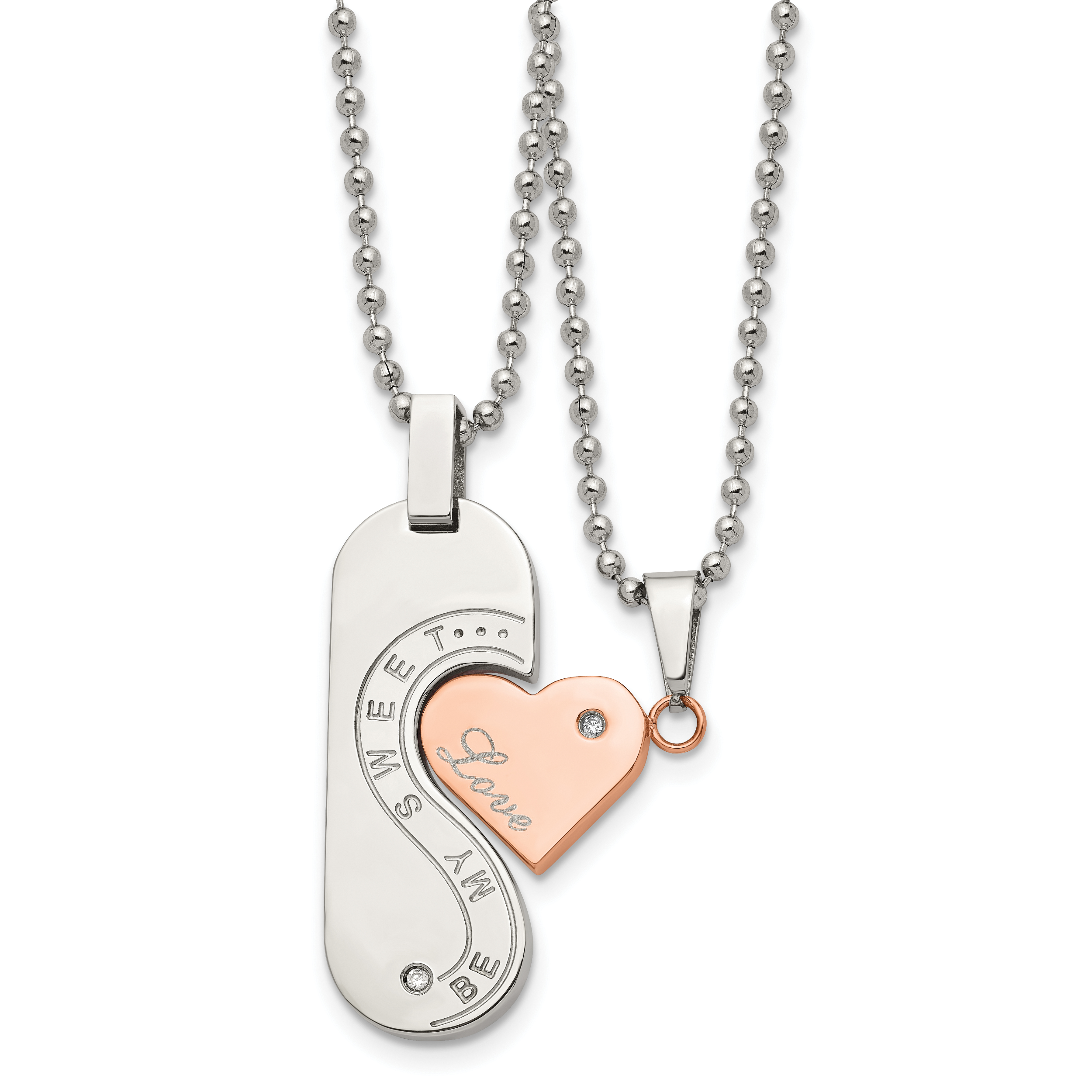 Chisel Stainless Steel Polished Rose IP-plated with CZ Heart Pendants on 22 inch Ball Chain Necklace Set Main image