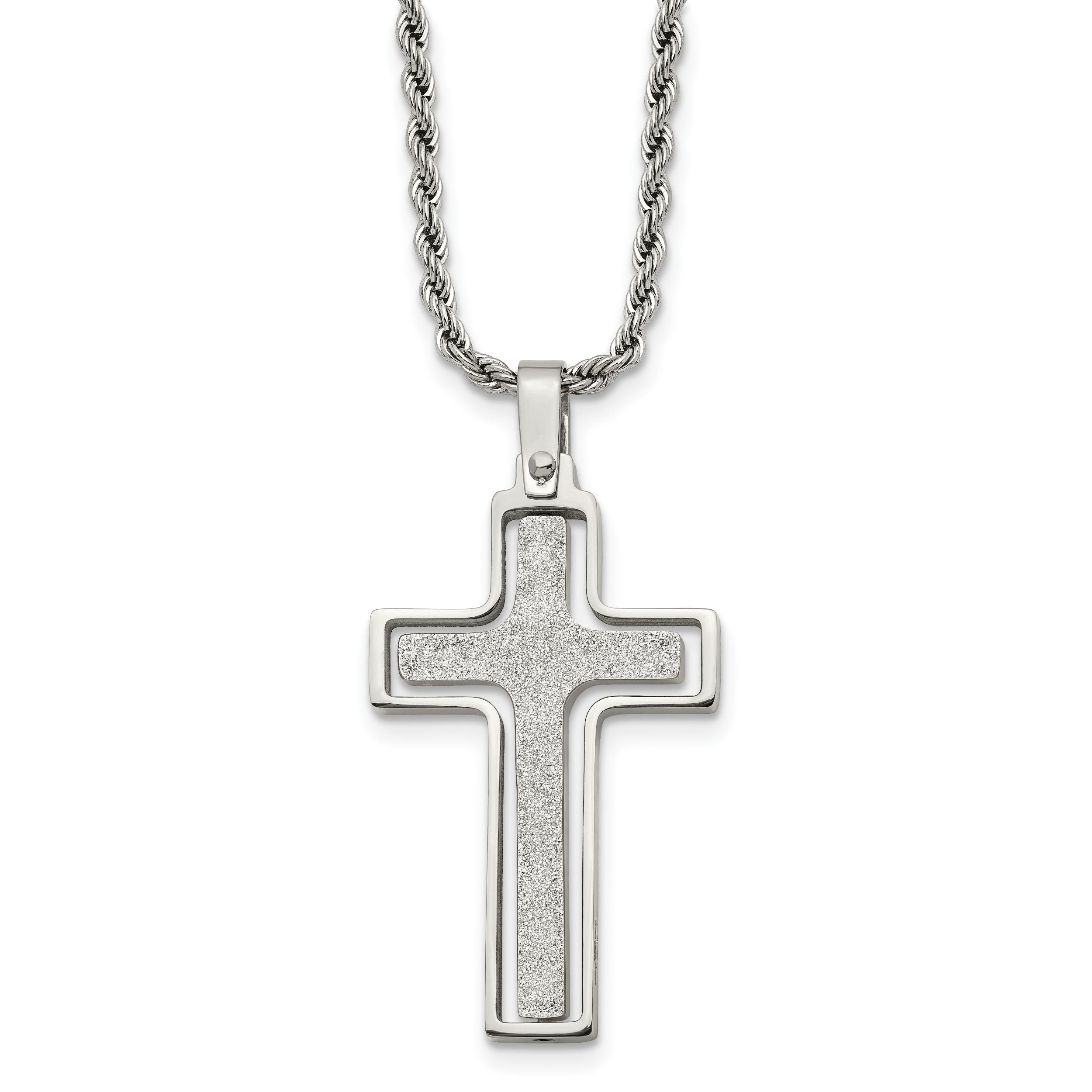 Chisel Stainless Steel Polished and Laser Cut Moveable Cross Pendant on a 22 inch Rope Chain Necklace Main image