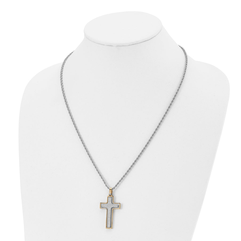 Chisel Stainless Steel Polished Laser Cut Center Yellow IP-plated Moveable Cross Pendant on 22 inch Rope Chain Necklace