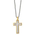 Chisel Stainless Steel Polished Laser Cut Center Yellow IP-plated Moveable Cross Pendant on 22 inch Rope Chain Necklace