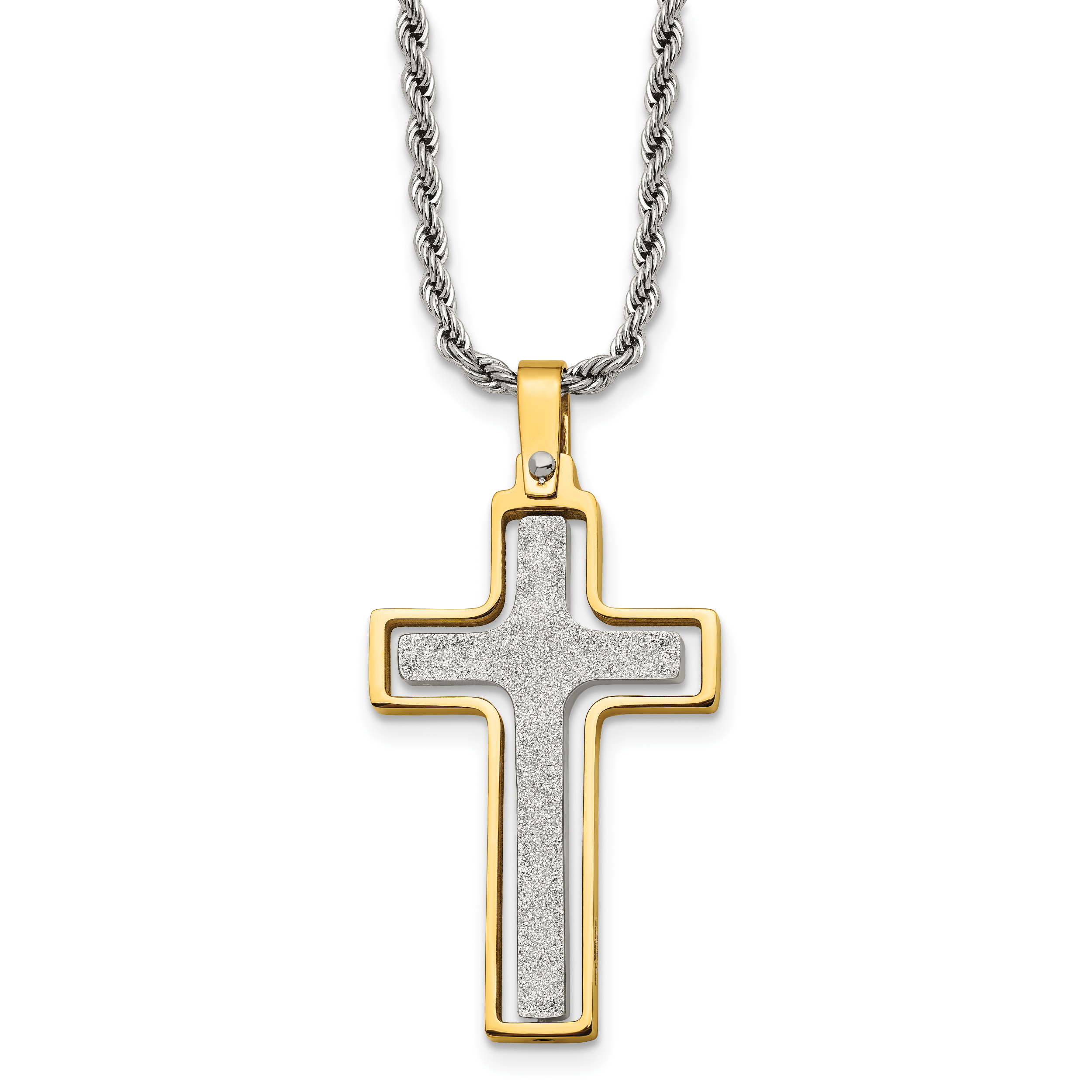 Chisel Stainless Steel Polished Laser Cut Center Yellow IP-plated Moveable Cross Pendant on 22 inch Rope Chain Necklace Main image