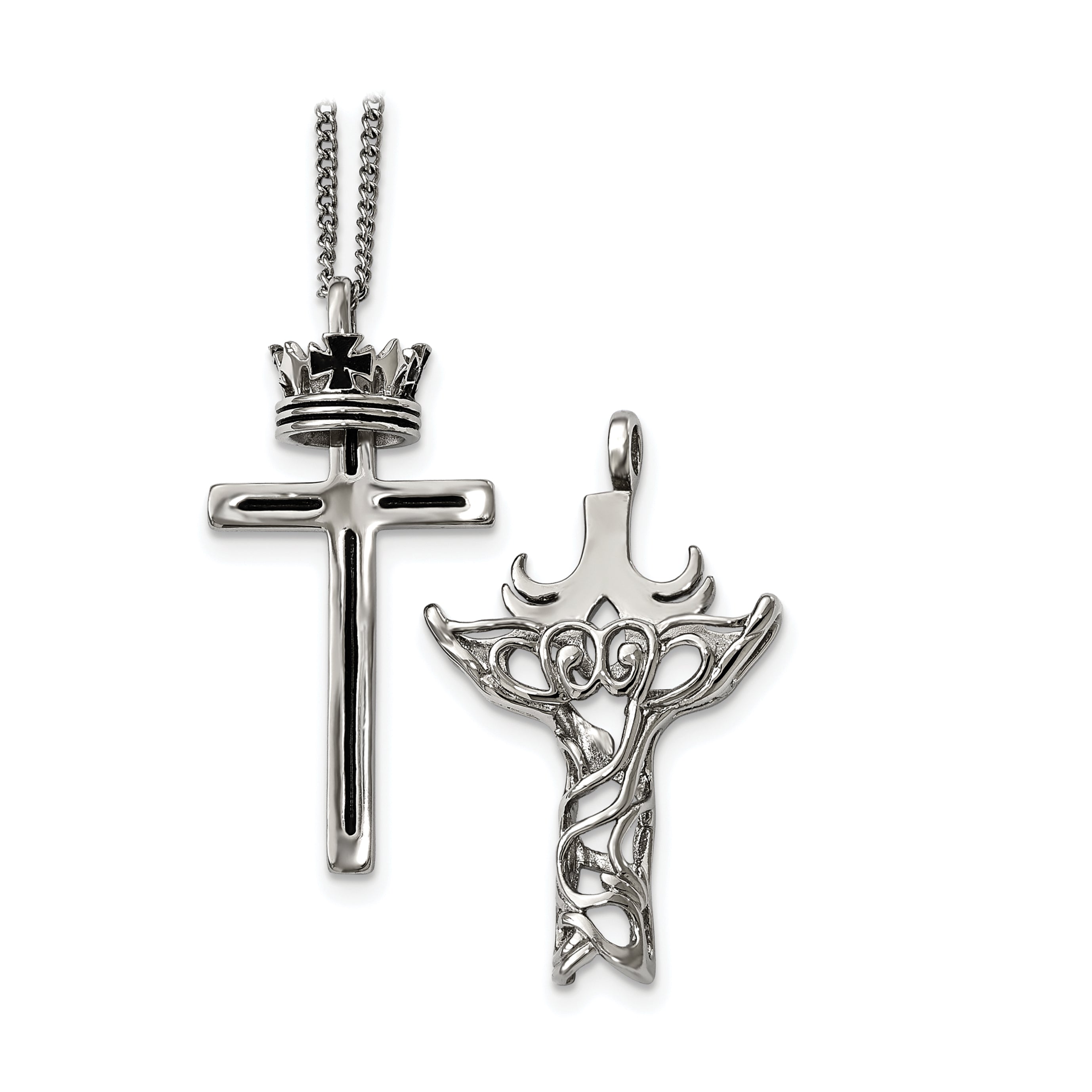 Chisel Stainless Steel Polished and Enameled 2 Piece Cross with Crown Pendant on a 22 inch Curb Chain Necklace Secondary image