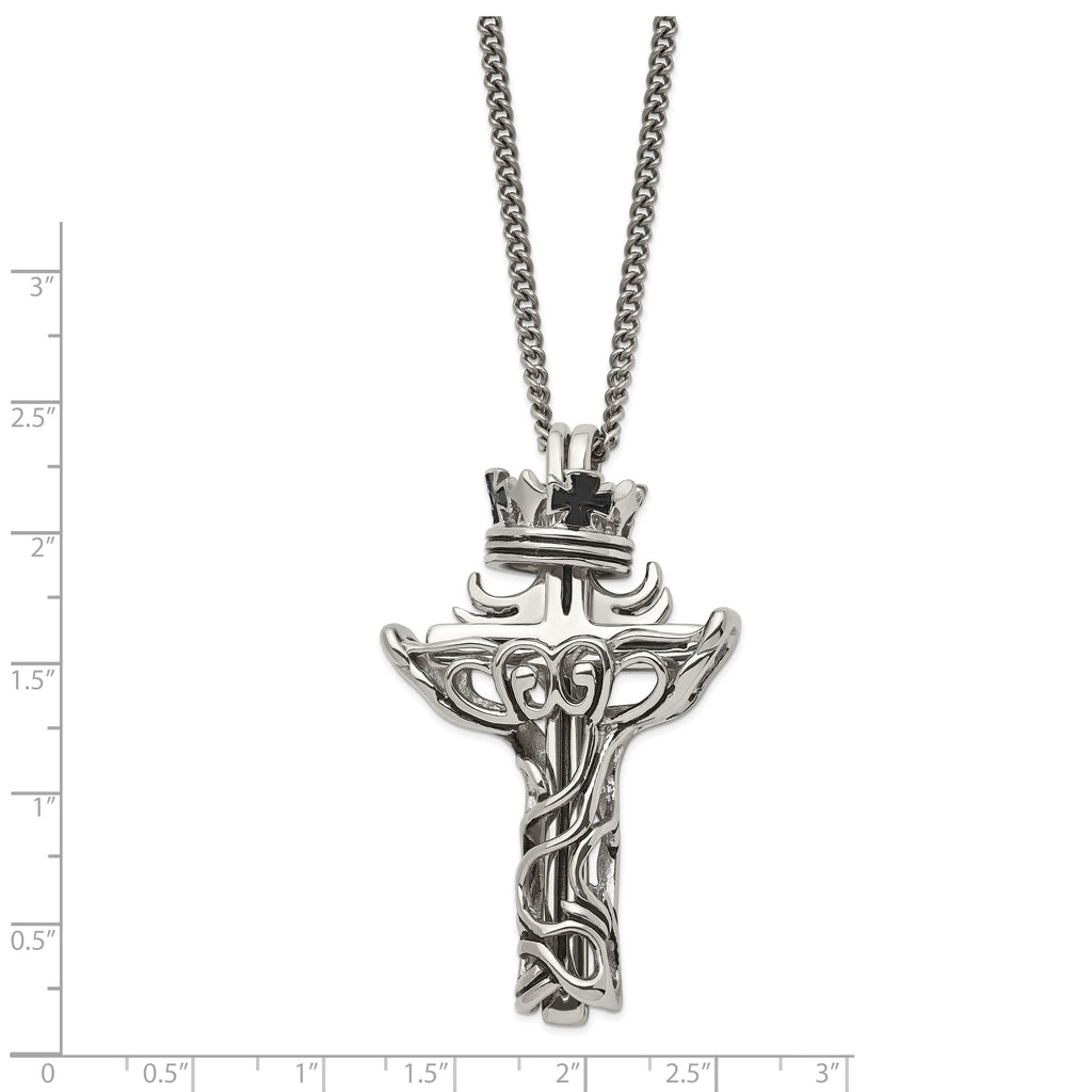 Chisel Stainless Steel Polished and Enameled 2 Piece Cross with Crown Pendant on a 22 inch Curb Chain Necklace