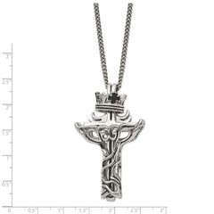 Chisel Stainless Steel Polished and Enameled 2 Piece Cross with Crown Pendant on a 22 inch Curb Chain Necklace