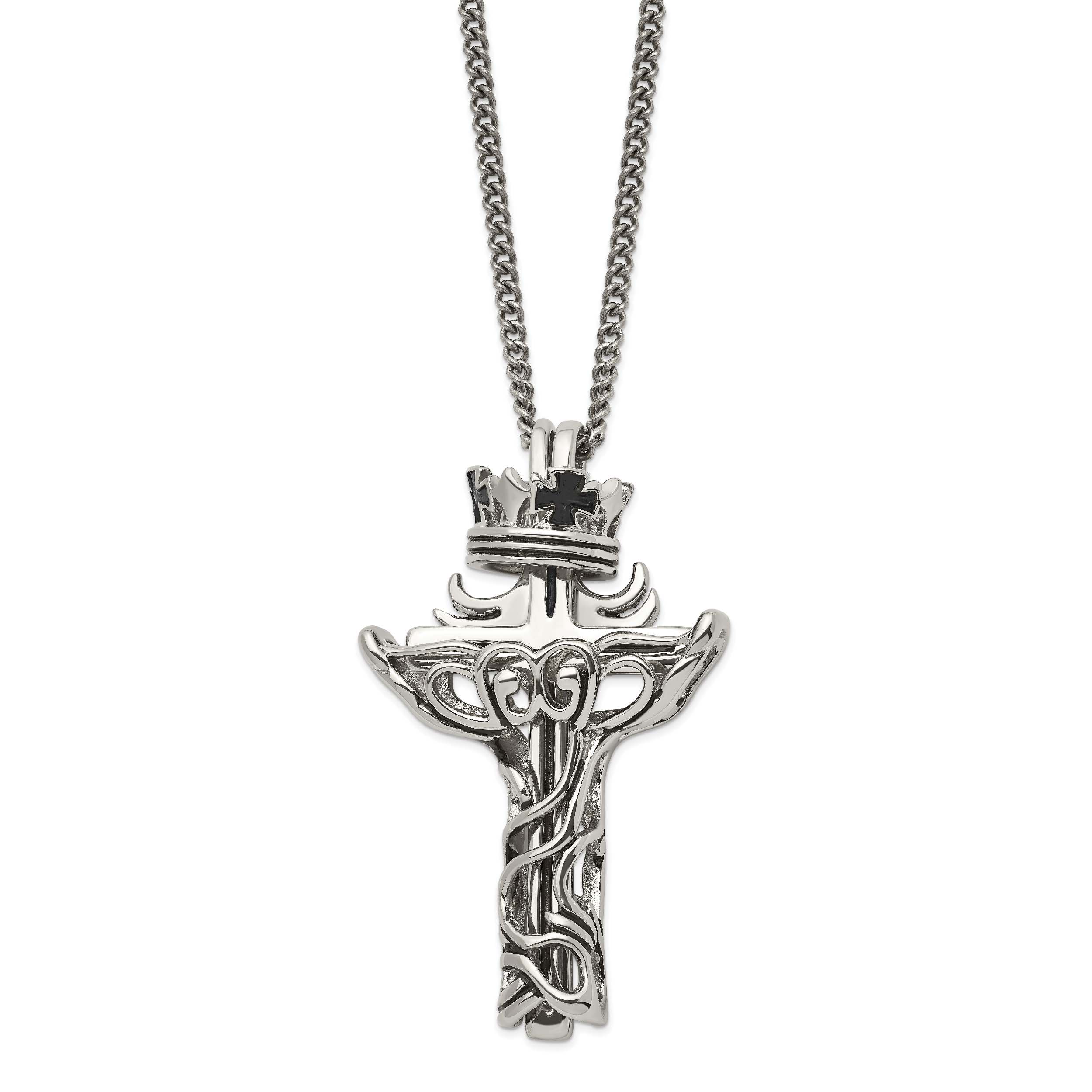 Chisel Stainless Steel Polished and Enameled 2 Piece Cross with Crown Pendant on a 22 inch Curb Chain Necklace Main image