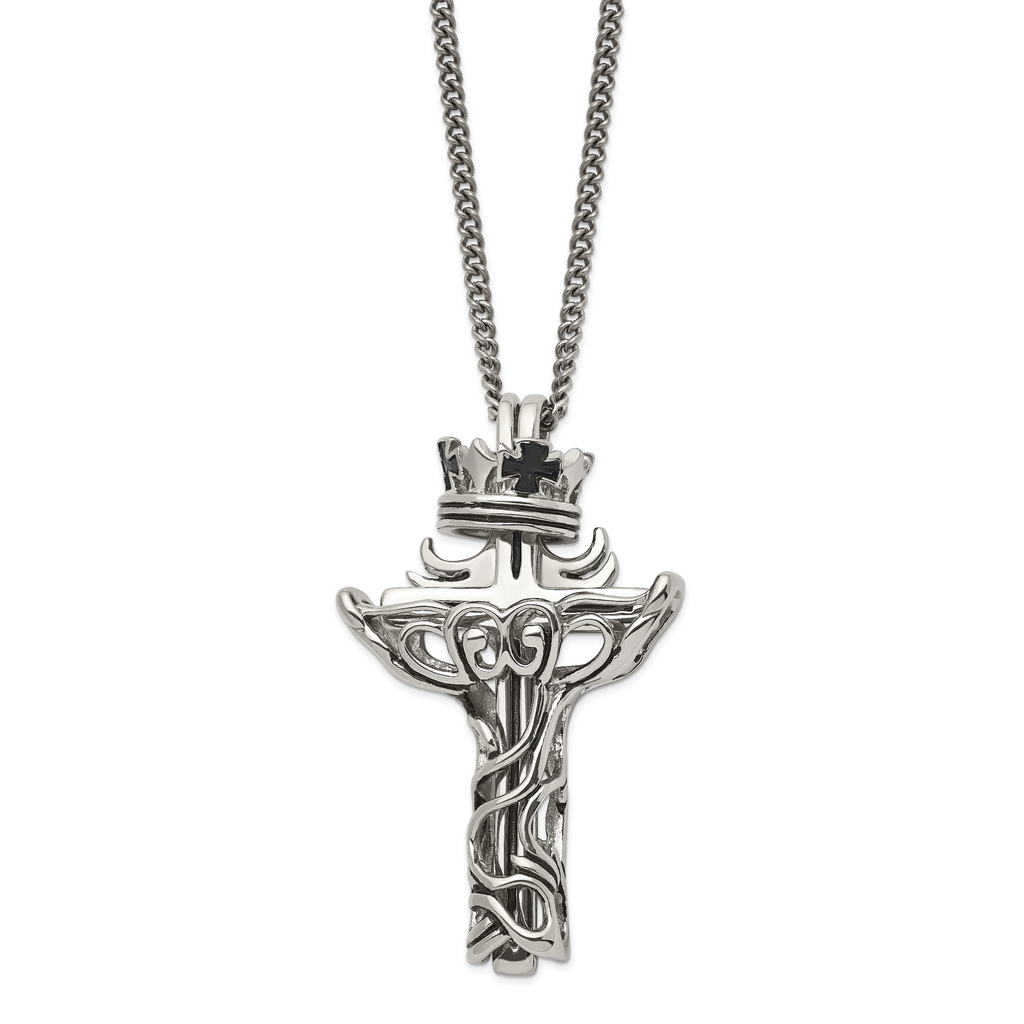 Chisel Stainless Steel Polished and Enameled 2 Piece Cross with Crown Pendant on a 22 inch Curb Chain Necklace