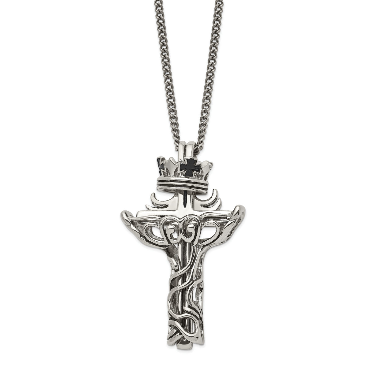 Chisel Stainless Steel Polished and Enameled 2 Piece Cross with Crown Pendant on a 22 inch Curb Chain Necklace