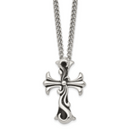 Chisel Stainless Steel Antiqued Polished and Textured Scroll Cross Pendant on a Curb Chain Necklace