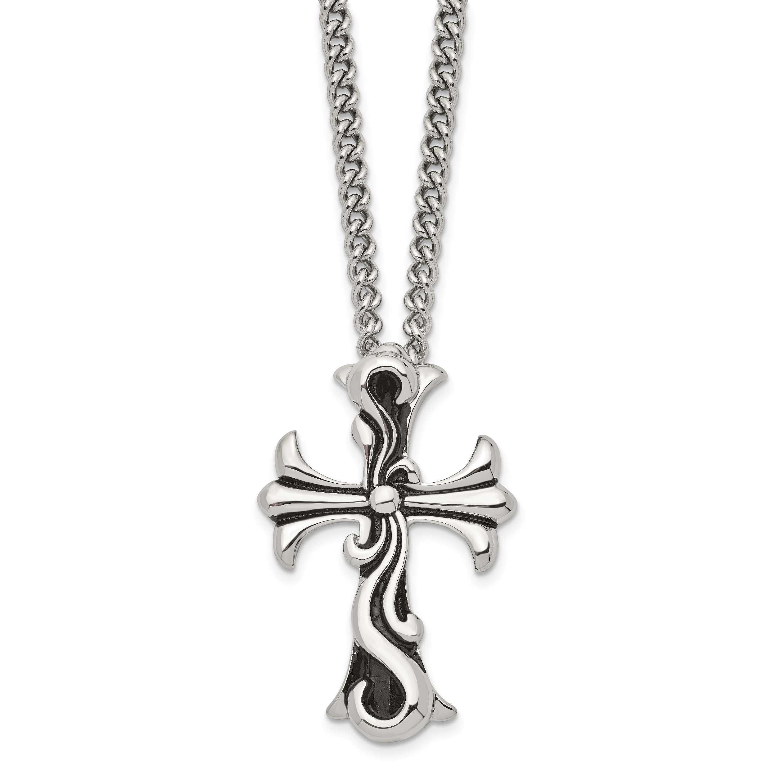 Chisel Stainless Steel Antiqued Polished and Textured Scroll Cross Pendant on a Curb Chain Necklace