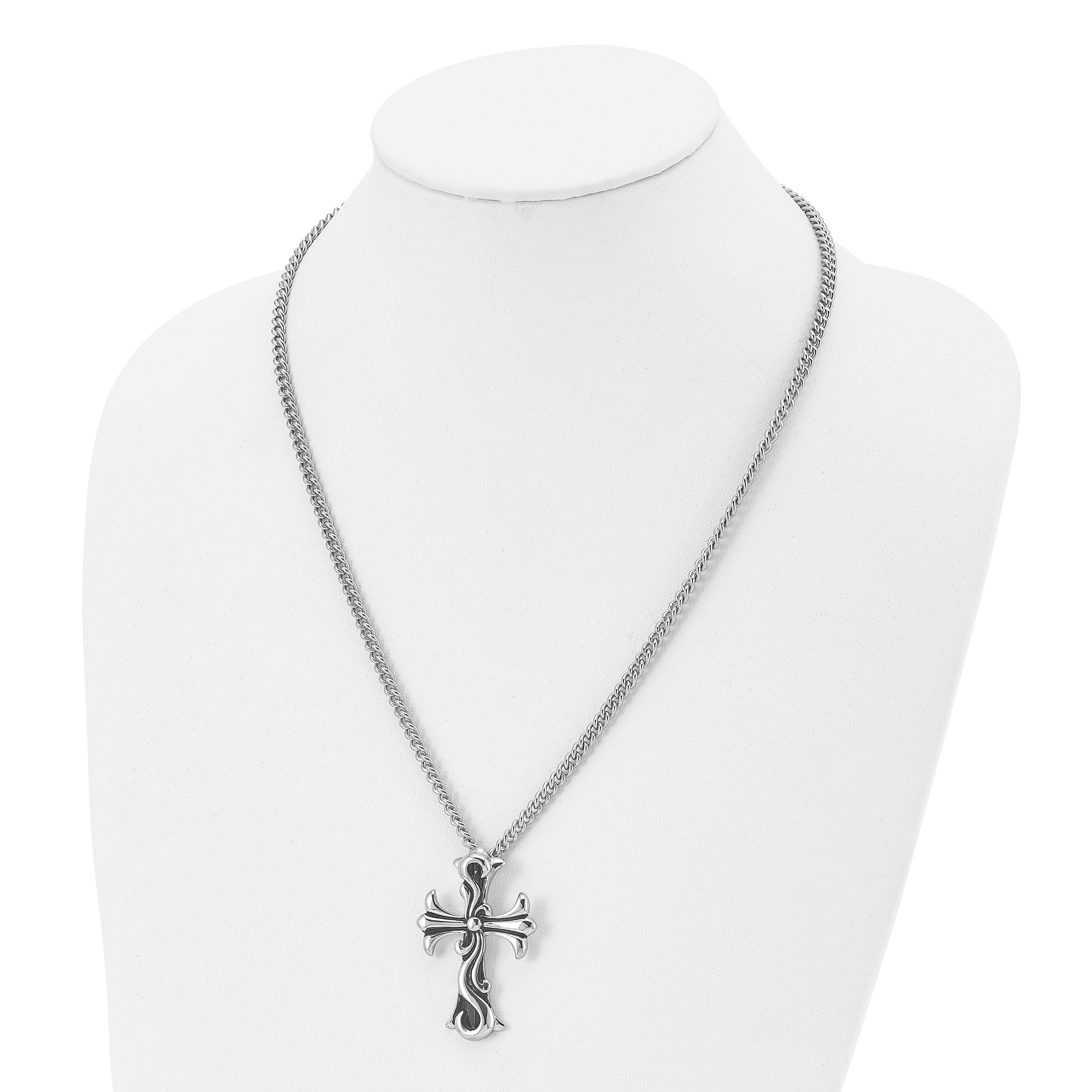 Chisel Stainless Steel Antiqued Polished and Textured Scroll Cross Pendant on a Curb Chain Necklace