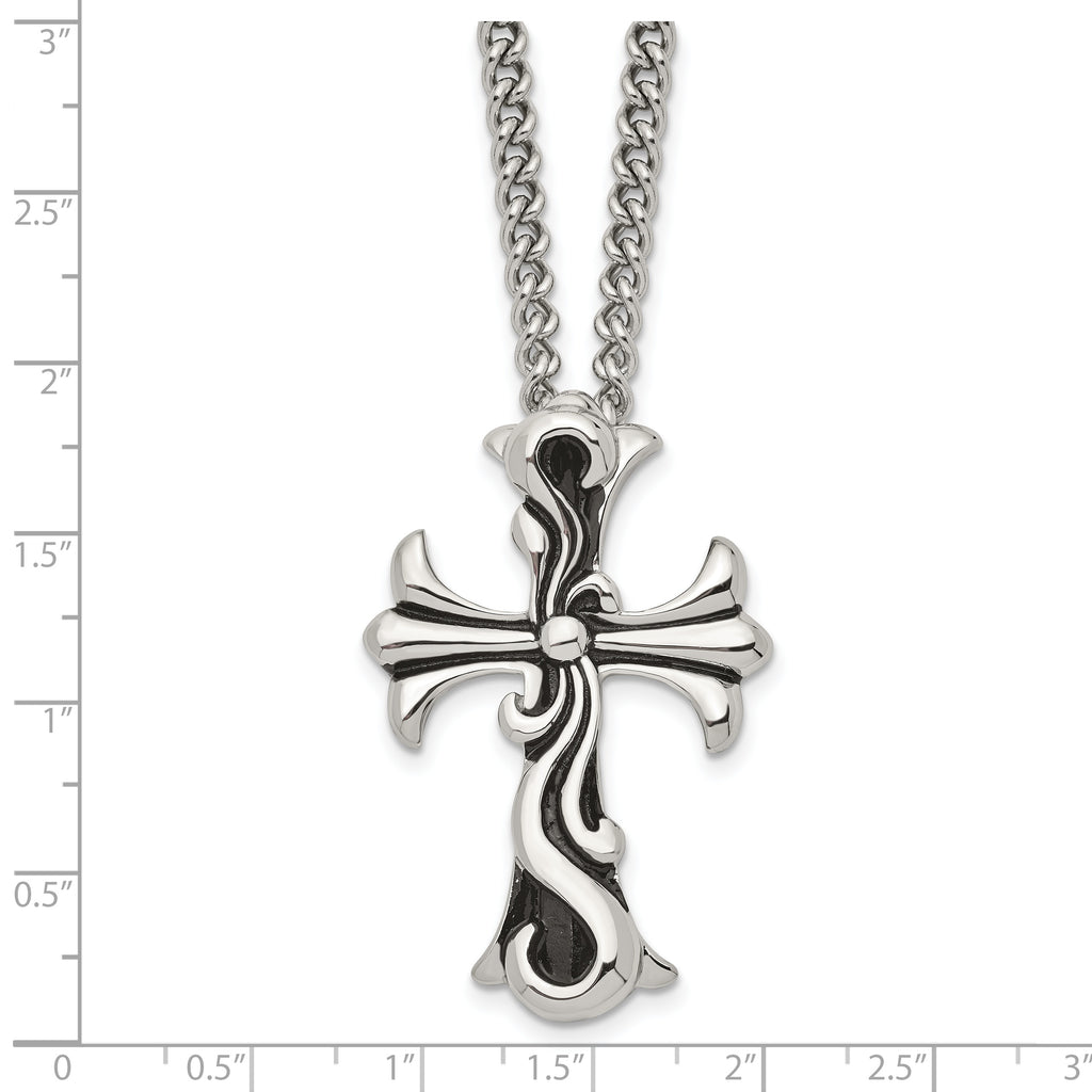 Chisel Stainless Steel Antiqued Polished and Textured Scroll Cross Pendant on a Curb Chain Necklace