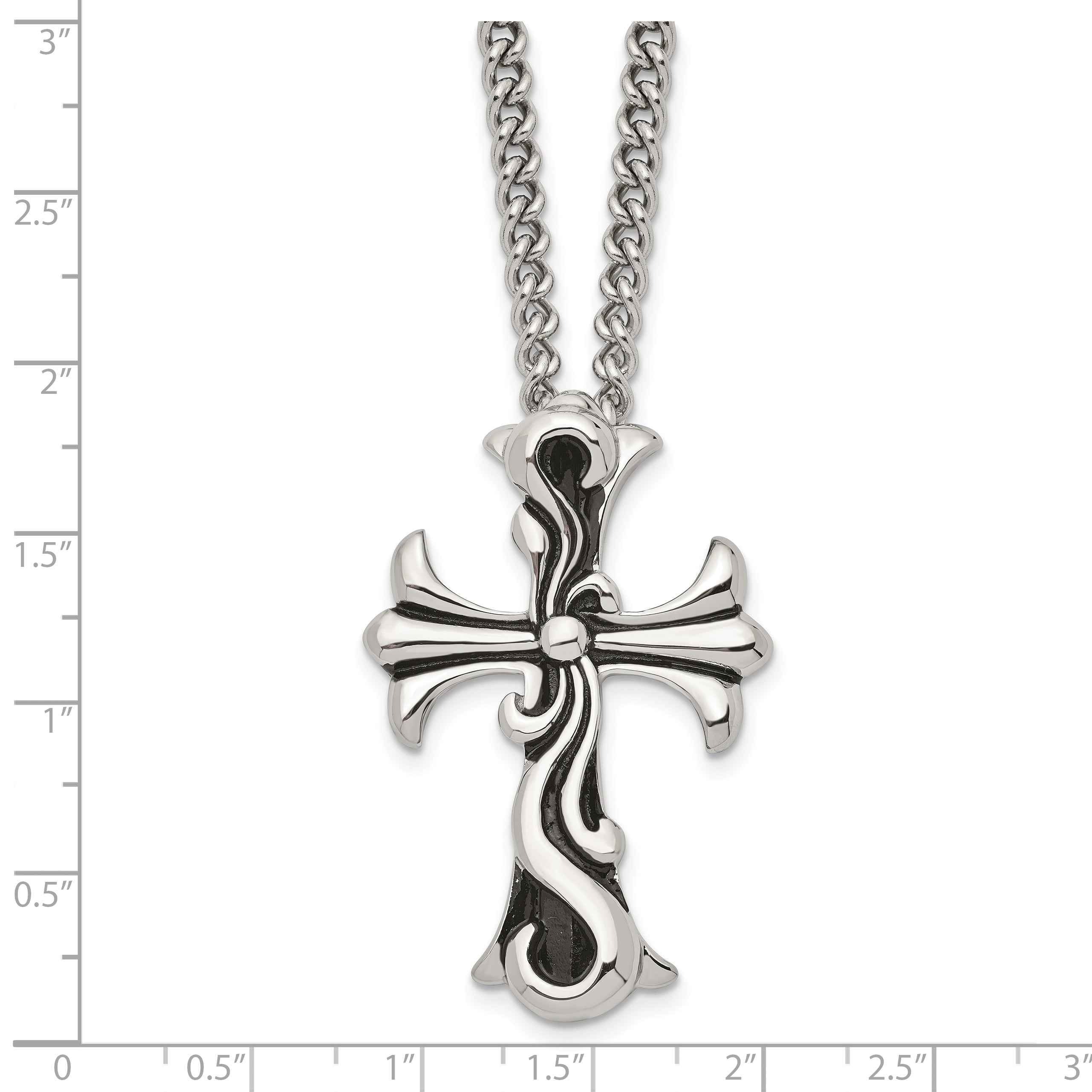 Chisel Stainless Steel Antiqued Polished and Textured Scroll Cross Pendant on a Curb Chain Necklace