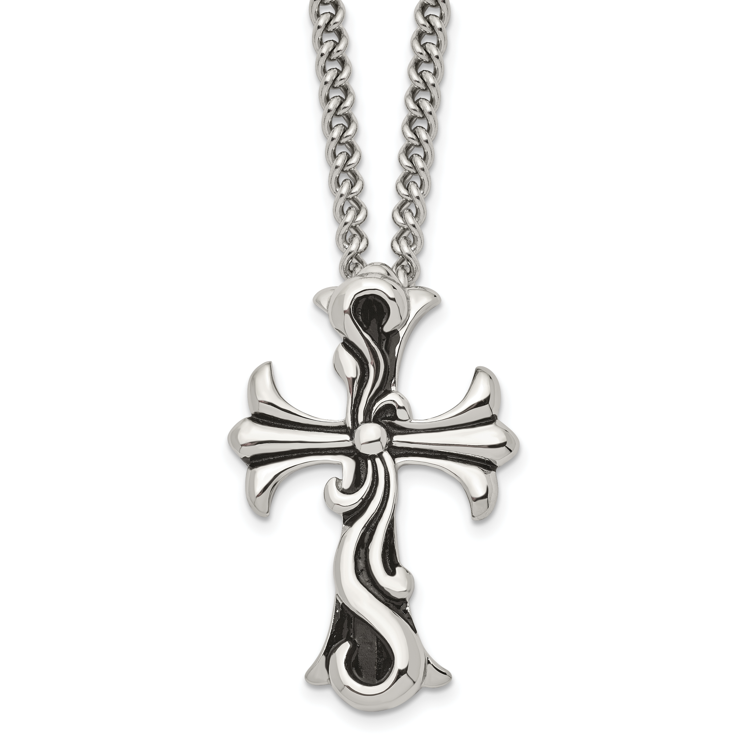 Chisel Stainless Steel Antiqued Polished and Textured Scroll Cross Pendant on a Curb Chain Necklace Main image