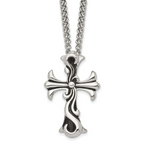 Chisel Stainless Steel Antiqued Polished and Textured Scroll Cross Pendant on a Curb Chain Necklace