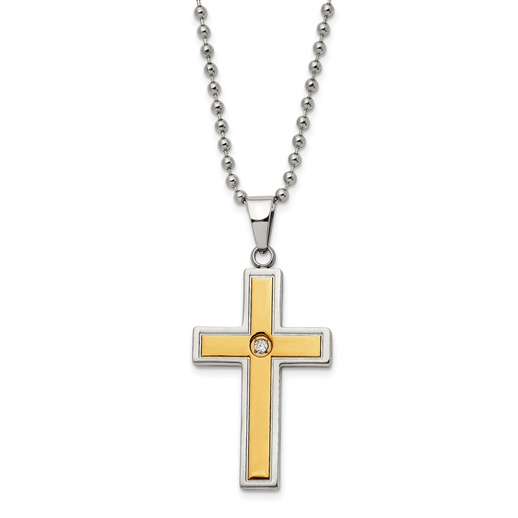Chisel Stainless Steel Polished and Matte Yellow IP-plated with CZ 24 inchNecklace and Bracelet Set