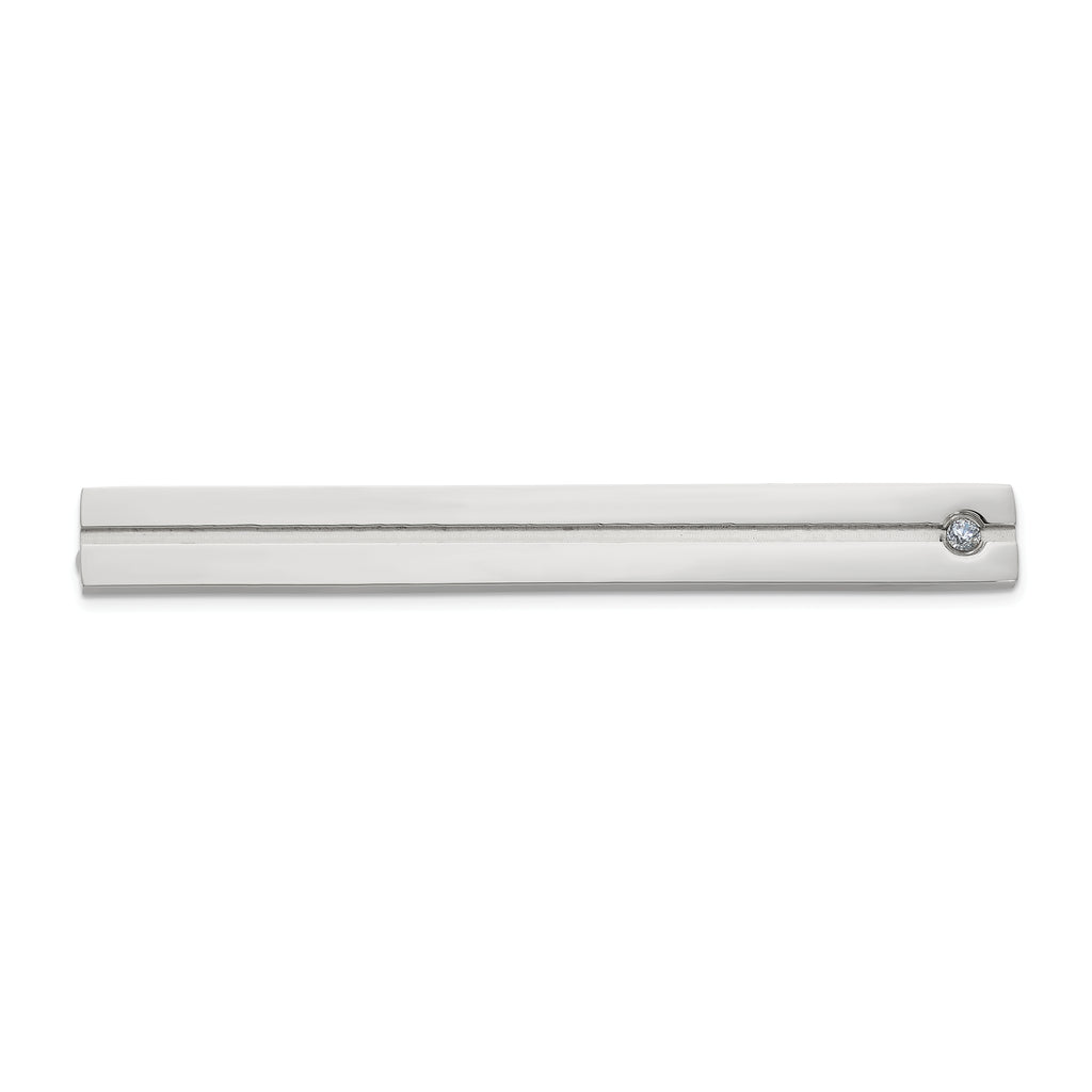 Men's Polished Cubic Zirconia Stainless Steel Tie Bar