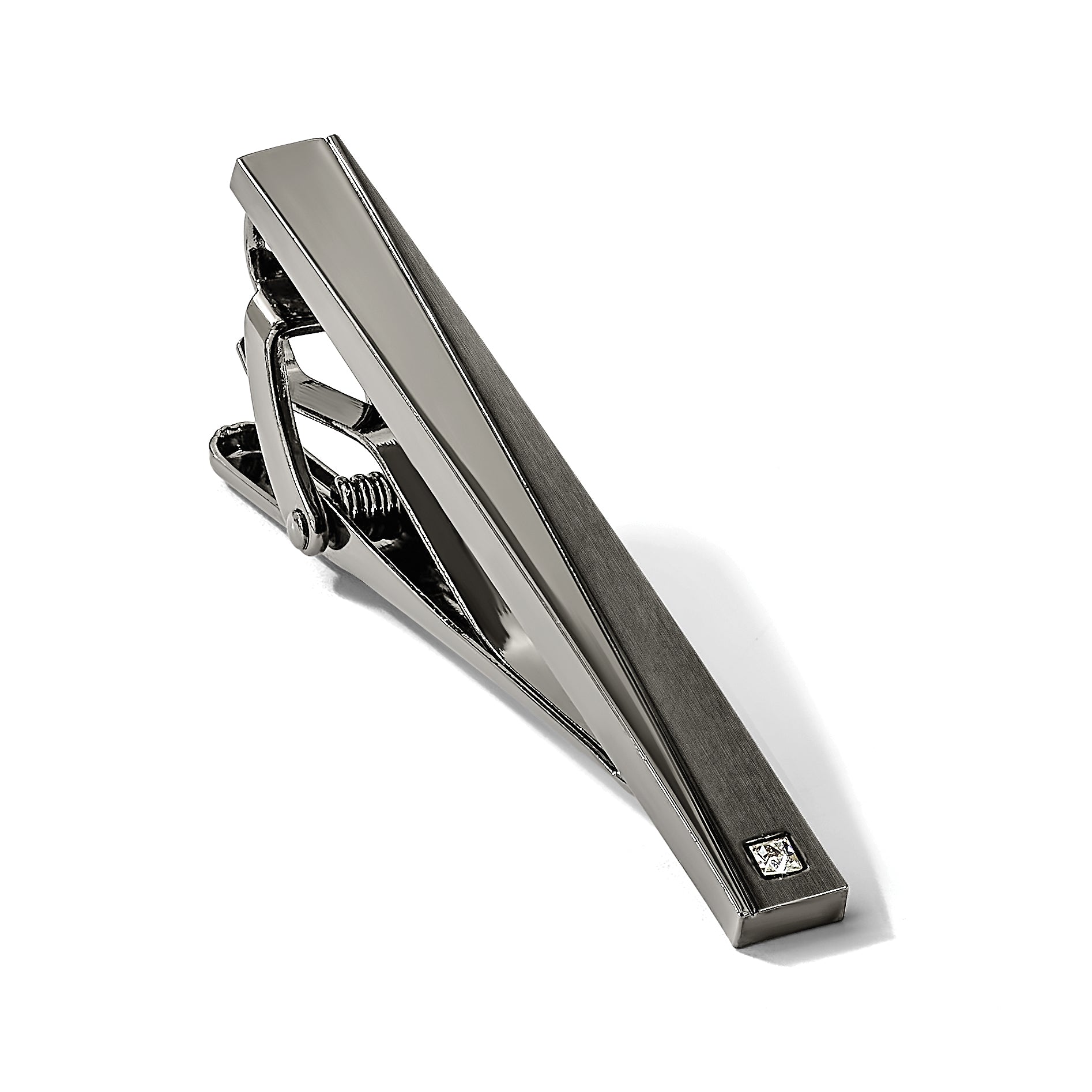 Men's Gunmetal Brushed and Polished Cubic Zirconia Stainless Steel Tie Bar