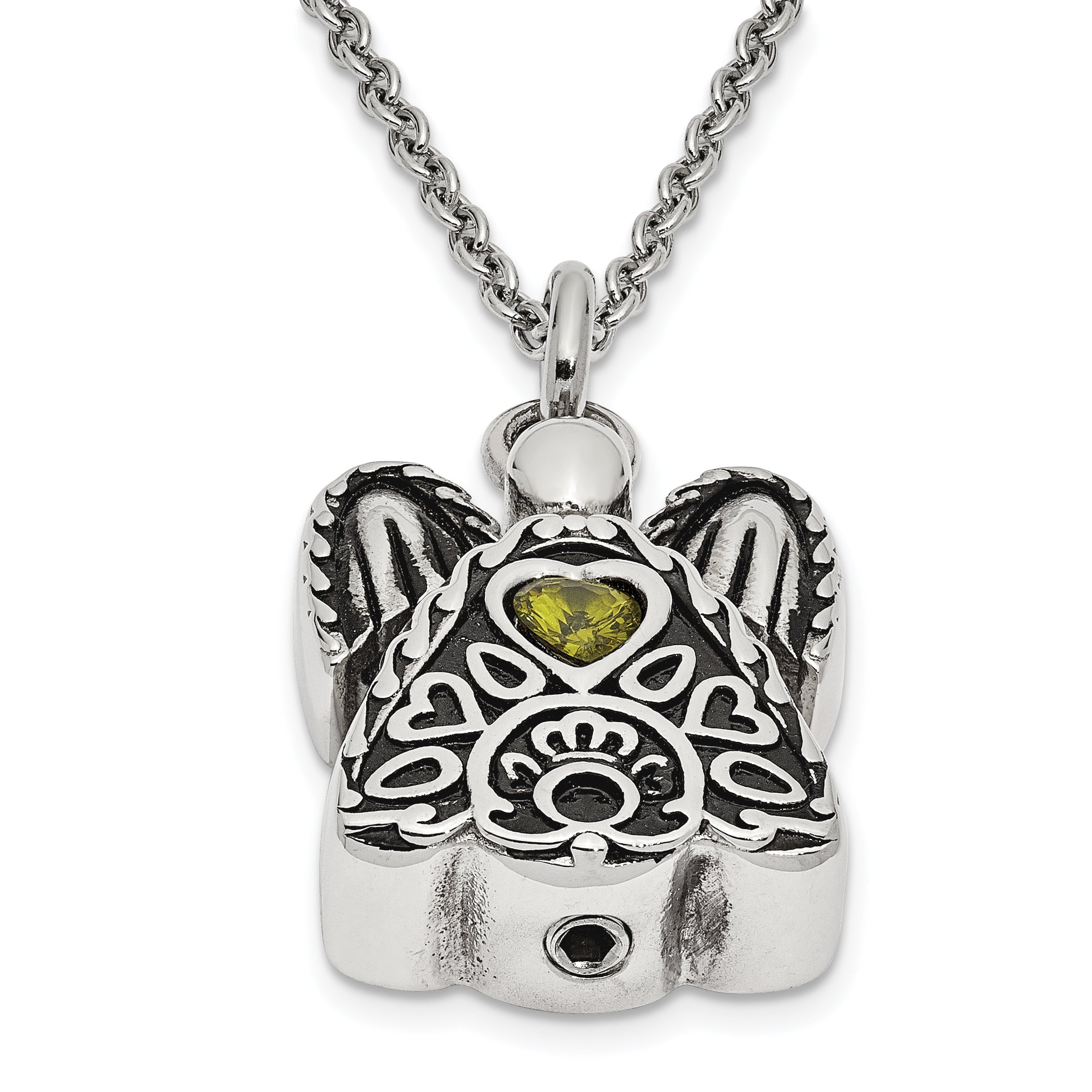Sentimental Expressions Stainless Steel Light Green CZ August Birthstone Antiqued Angel Ash Holder 18 Inch Necklace Secondary image