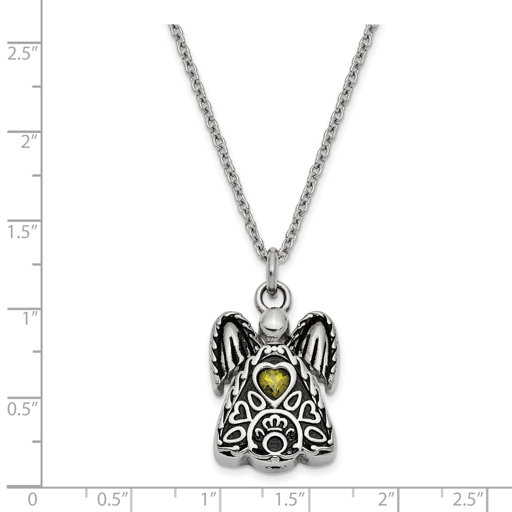Sentimental Expressions Stainless Steel Light Green CZ August Birthstone Antiqued Angel Ash Holder 18 Inch Necklace