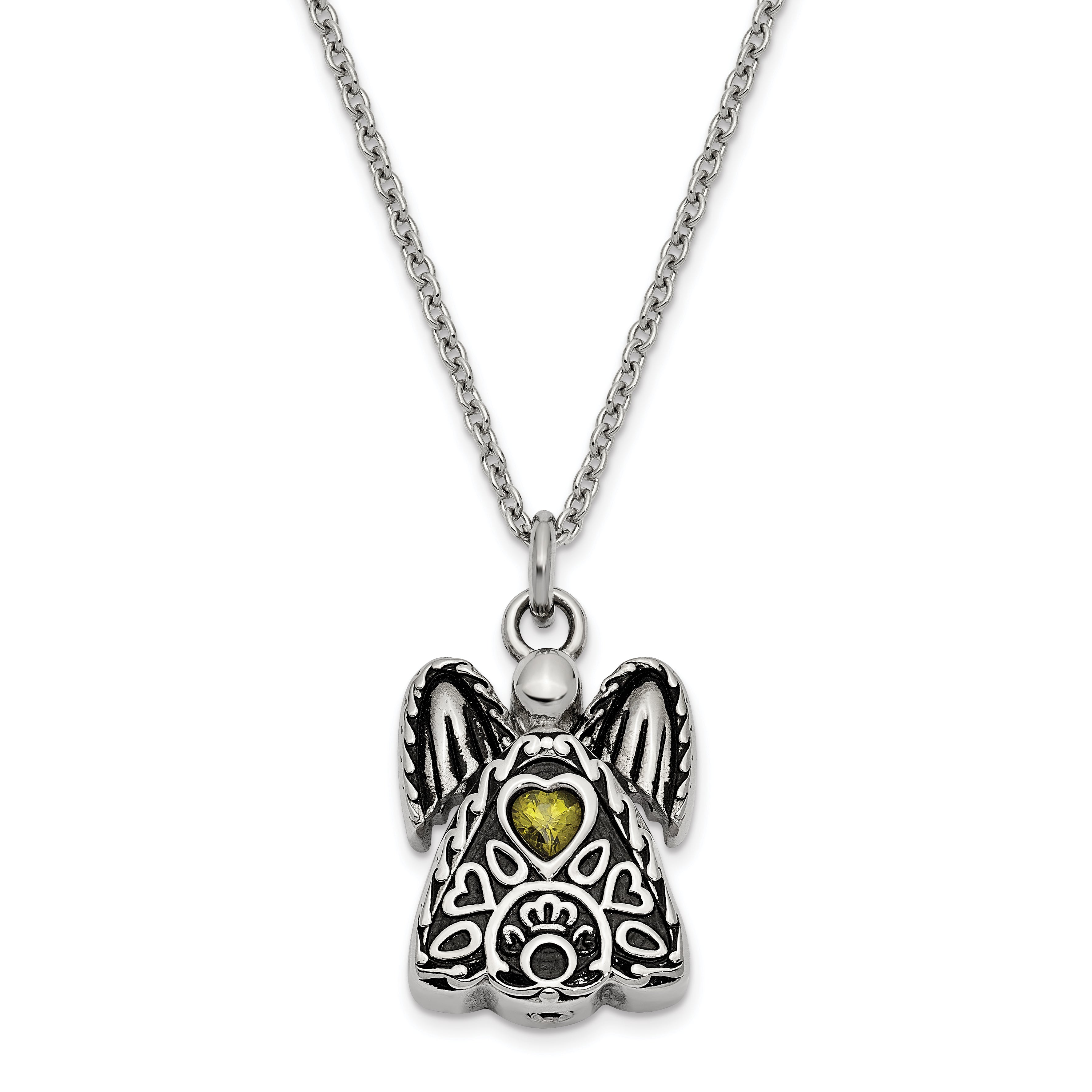 Sentimental Expressions Stainless Steel Light Green CZ August Birthstone Antiqued Angel Ash Holder 18 Inch Necklace Main image