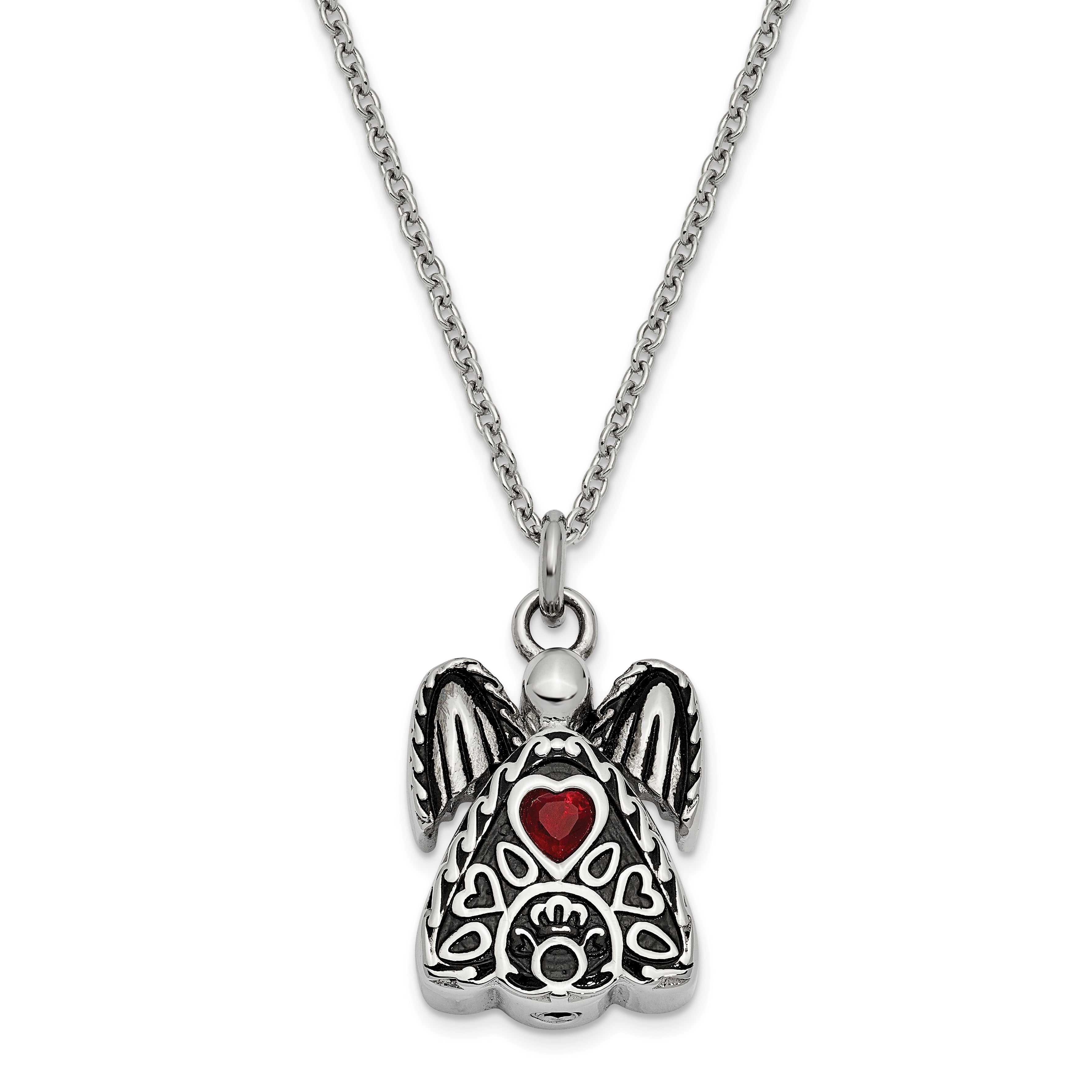 Sentimental Expressions Stainless Steel Dark Red CZ January Birthstone Antiqued Angel Ash Holder 18 Inch Necklace Main image