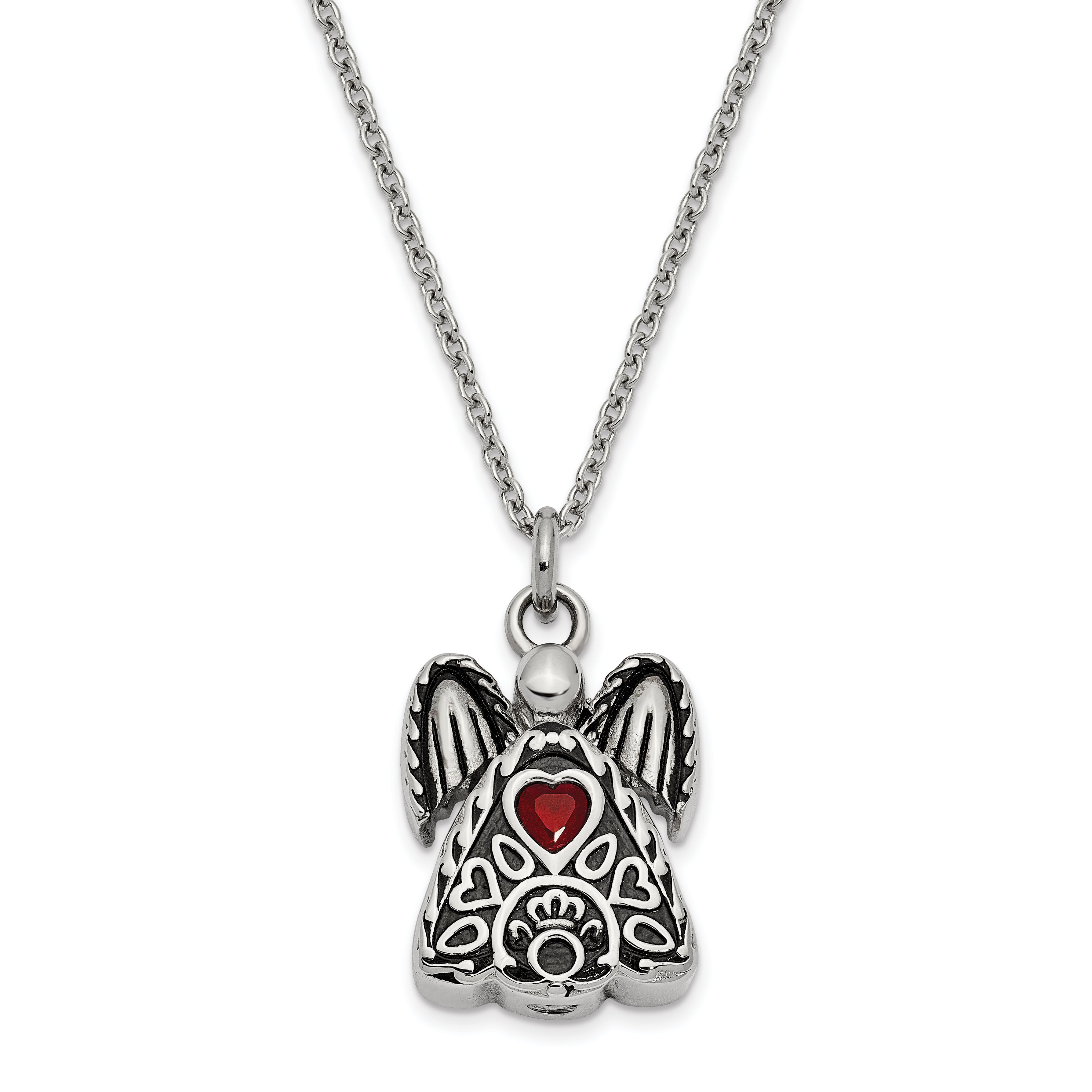 Sentimental Expressions Stainless Steel Red CZ July Birthstone Antiqued Angel Ash Holder 18 Inch Necklace Main image