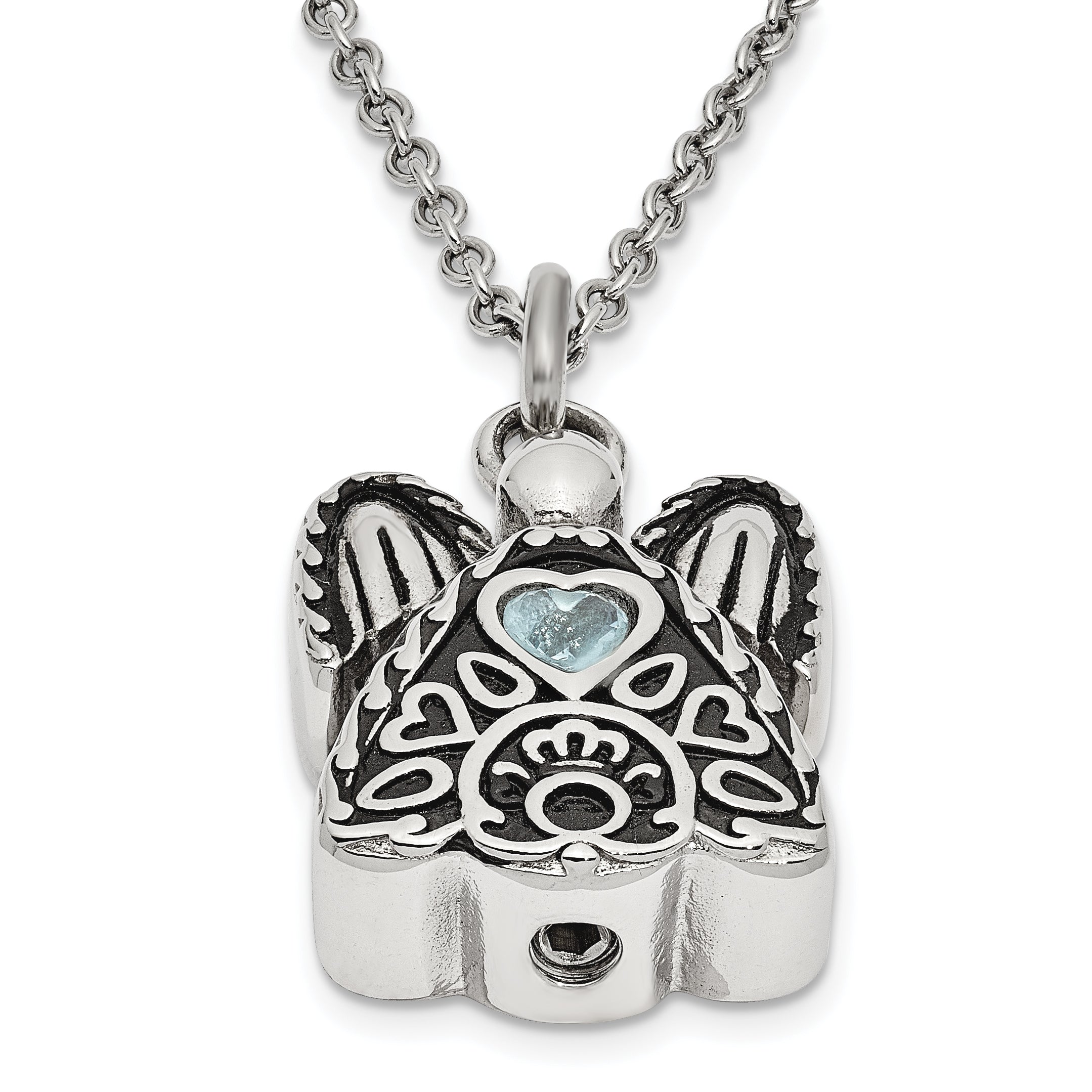 Sentimental Expressions Stainless Steel Light Blue CZ March Birthstone Antiqued Angel Ash Holder 18 inch Necklace Secondary image