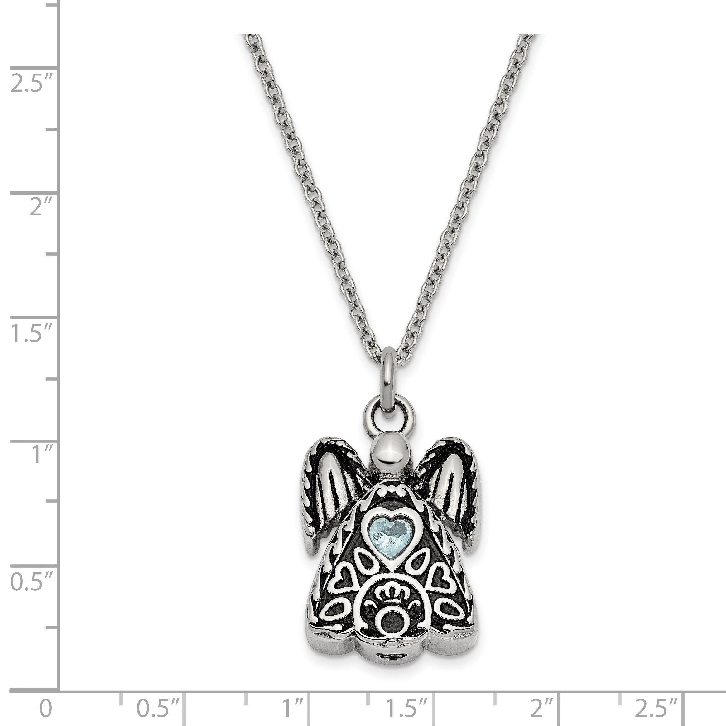 Sentimental Expressions Stainless Steel Light Blue CZ March Birthstone Antiqued Angel Ash Holder 18 inch Necklace