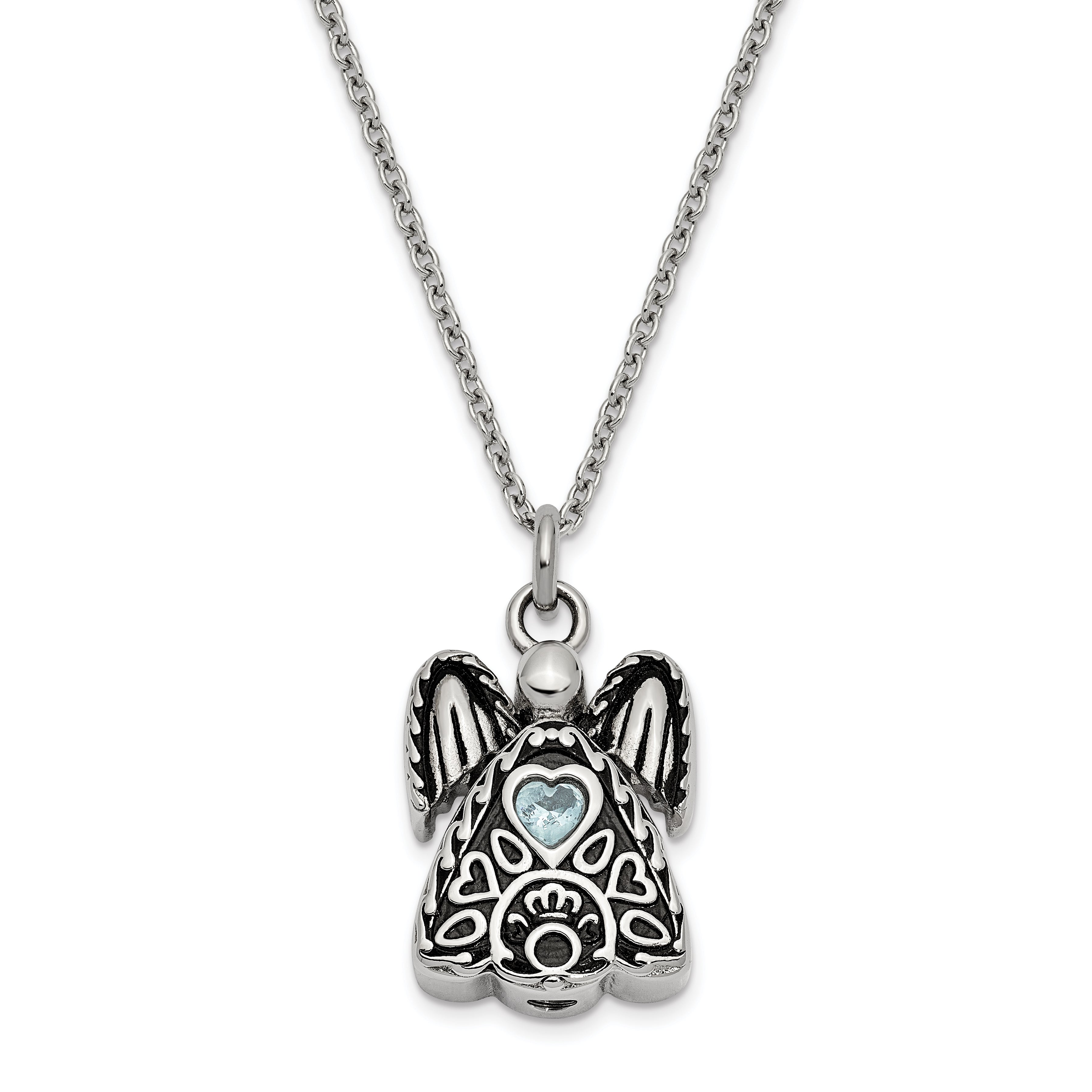 Sentimental Expressions Stainless Steel Light Blue CZ March Birthstone Antiqued Angel Ash Holder 18 inch Necklace Main image