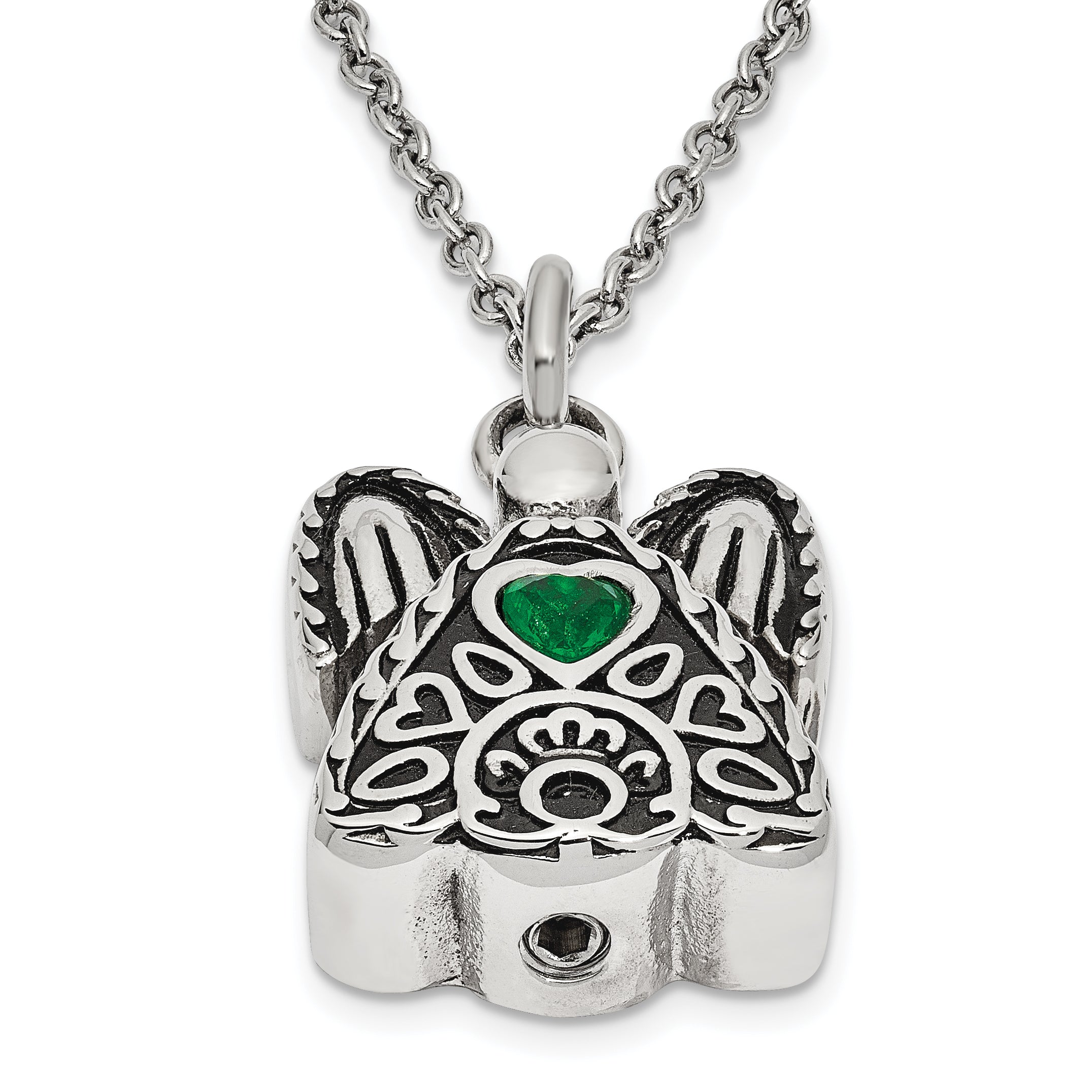 Sentimental Expressions Stainless Steel Green CZ May Birthstone Antiqued Angel Ash Holder 18 Inch Necklace Secondary image
