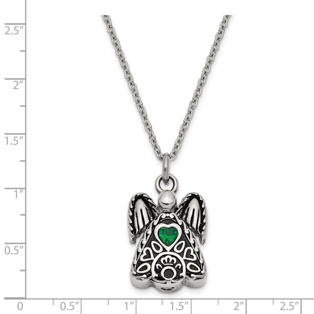 Sentimental Expressions Stainless Steel Green CZ May Birthstone Antiqued Angel Ash Holder 18 Inch Necklace