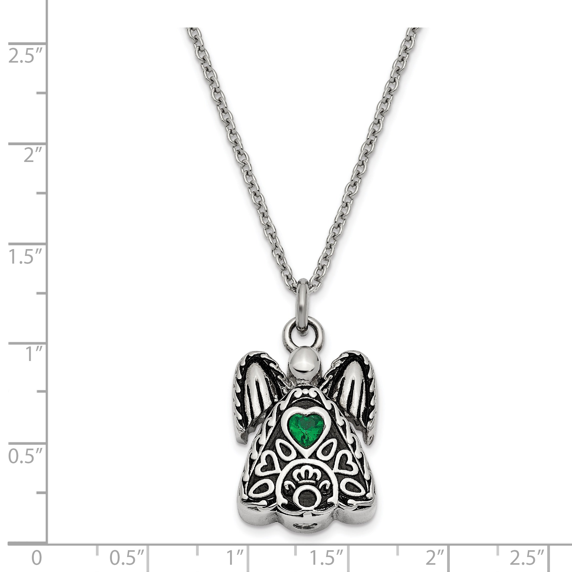 Sentimental Expressions Stainless Steel Green CZ May Birthstone Antiqued Angel Ash Holder 18 Inch Necklace